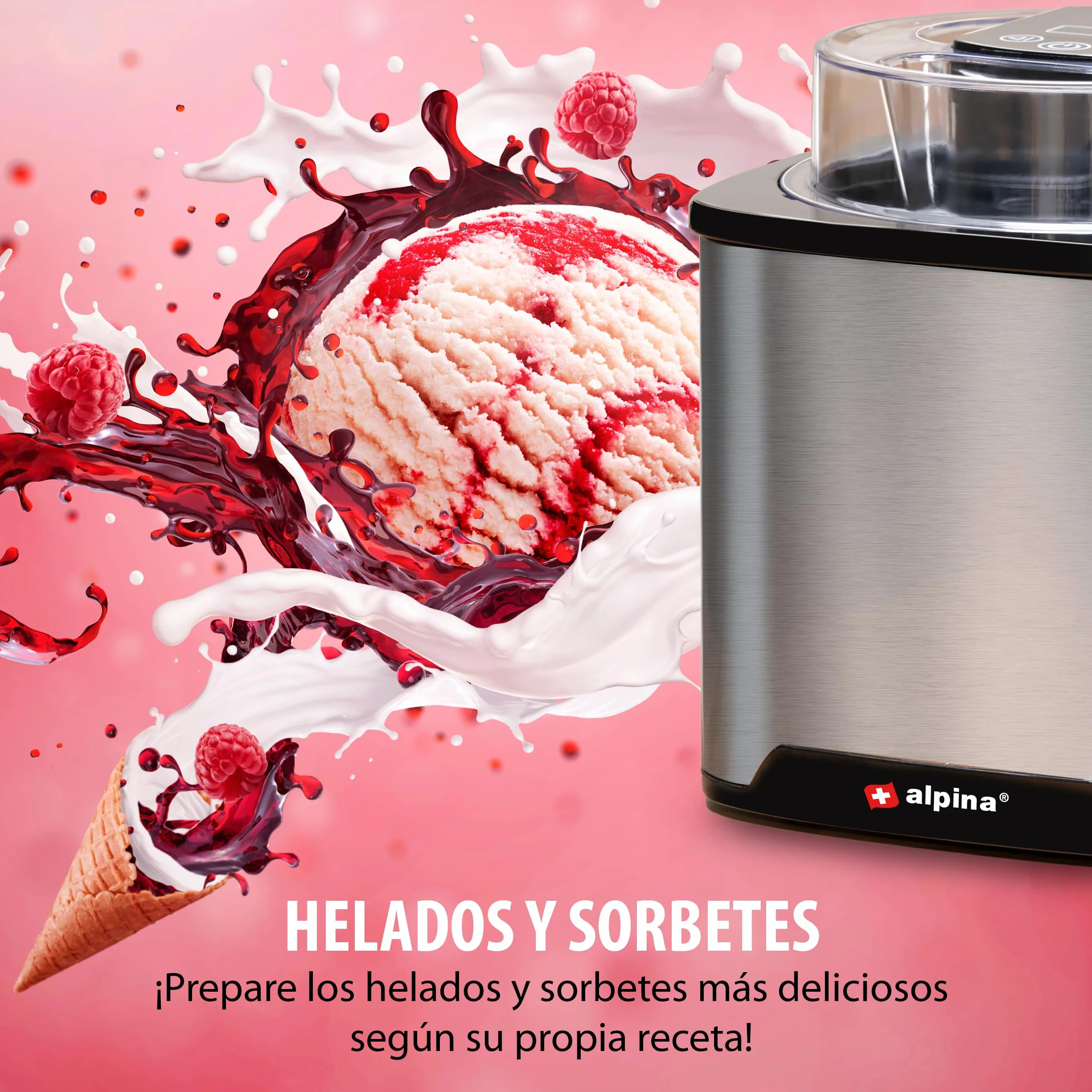 alpina Heladera - Maquina de Helados 2L - Heladeras hacer Helados, Yogur helado et Sorbetes - Doblemente Aislado - Acero inoxidable - Plata