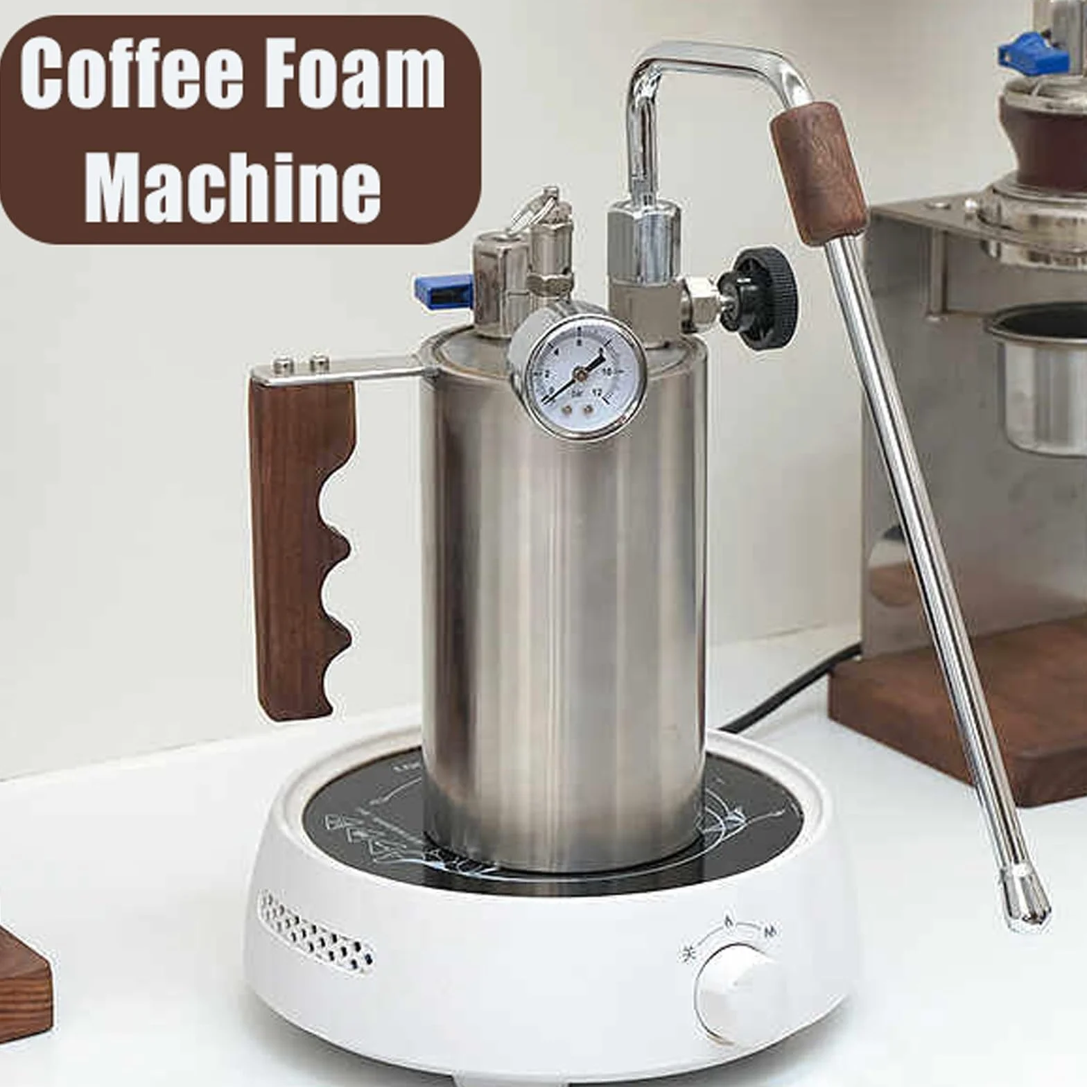Espumador de leche comercial con manómetro de presión de aire y mango de madera, capacidad de 100-500 ml, para preparación de café con leche, capuchino y chocolate caliente