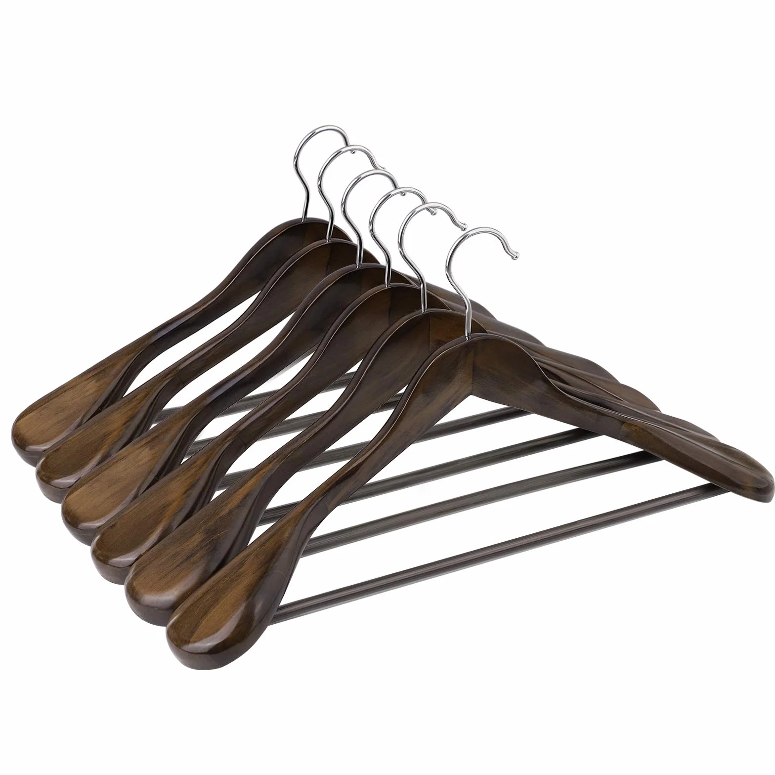 SONGMICS Perchas para trajes, perchas de madera maciza con extremos anchos, barra antideslizante para pantalones, juego de 6 para atuendos, camisas, abrigos, chaquetas, pantalones, gancho giratorio de