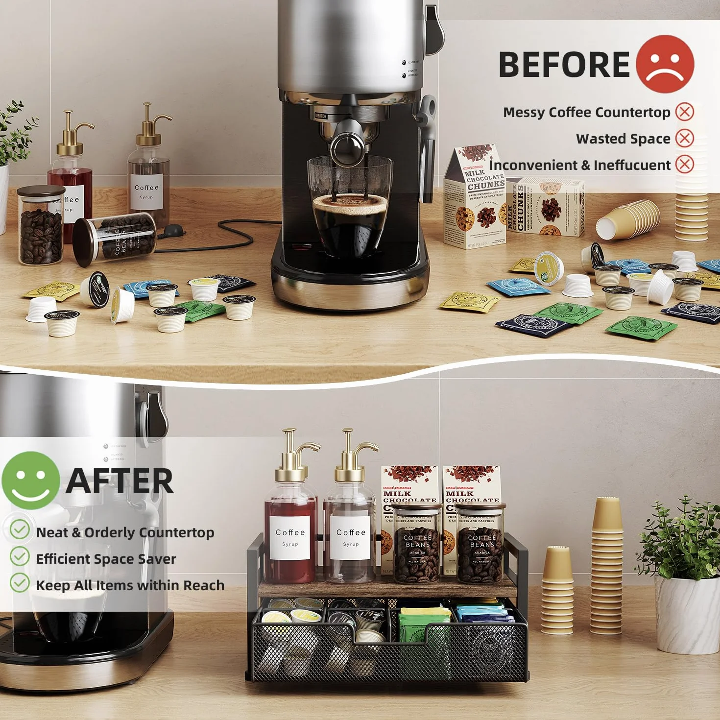 Soporte Metálico para Bolsitas de Té con 8 Compartimentos,Caja Te Organizador de Infusiones con Cajón,Negro