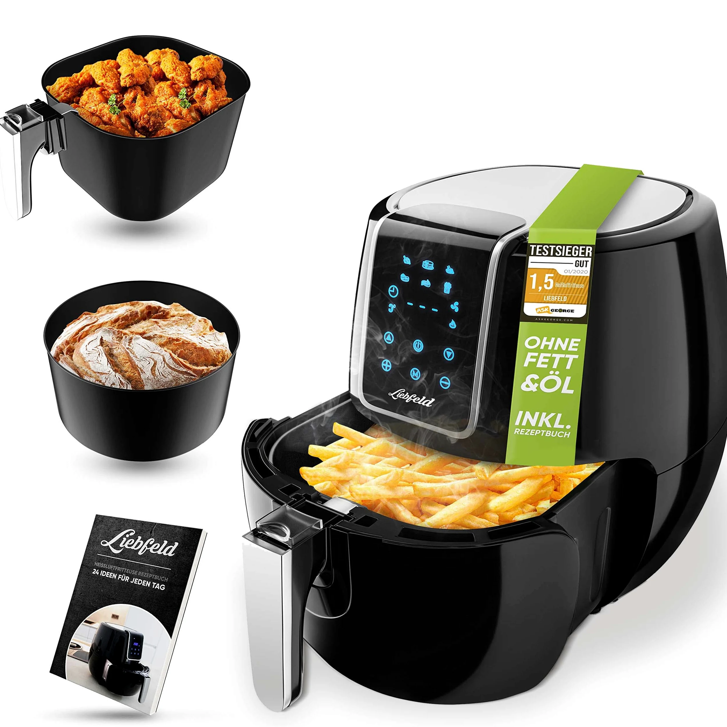 Liebfeld - Kit freidora de aire caliente [1800 W] con cesta para pan I Airfryer XXL sin grasa ni aceite I Freidora de aire caliente (XXL)