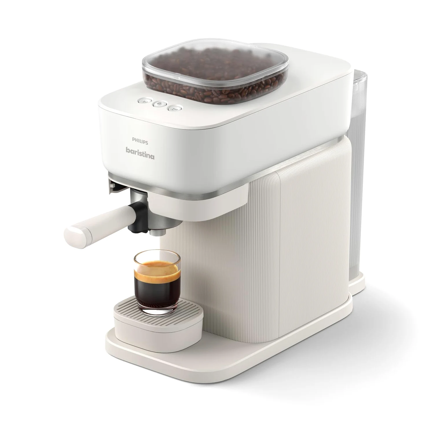 PHILIPS Baristina Máquina espresso - Real Espresso Made Simple - Cafetera compacta - Blanco natural con soporte para filtro blanco - Presión de la bomba 16 bares - Trituradora automática - Cafe Crema | Molinillo automático y portafiltros, diseño compacto,