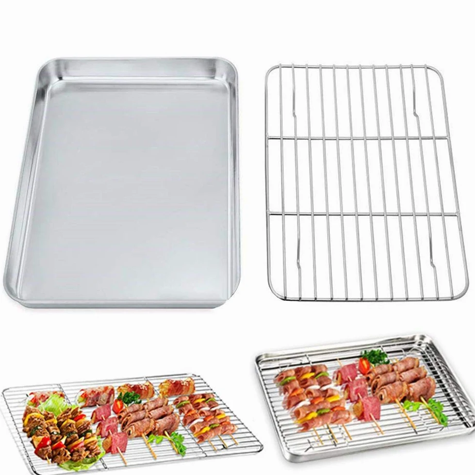 Bandeja de horno extraíble Parrilla rectangular de acero inoxidable Bandeja para hornear galletas Placa con rejilla de enfriamiento Gadget de cocina Sartén antiadherente para horno Horno Rejilla de