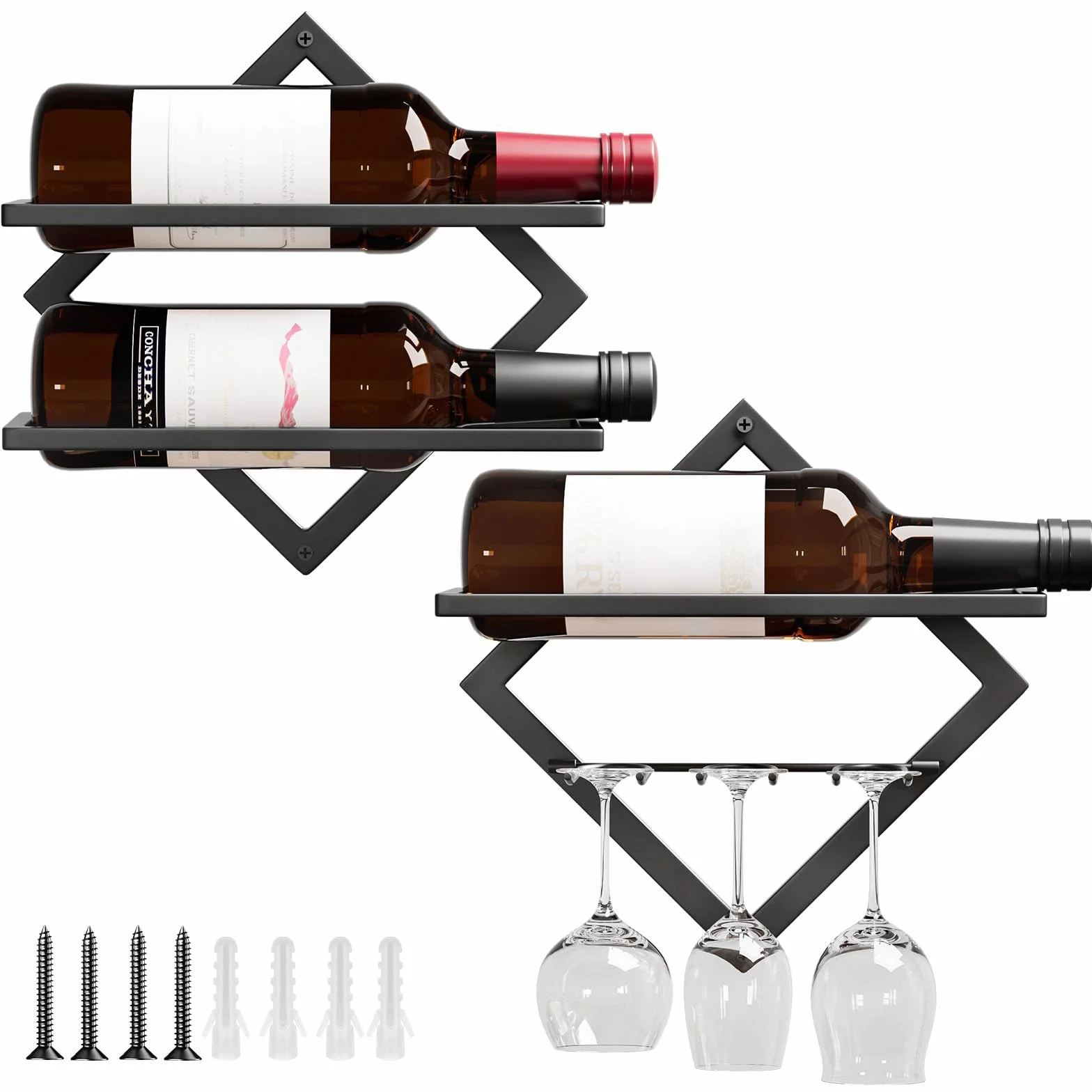 YORBAY Botellero de Pared Metálico con Portavasos: Botellero Vino Decorativo Moderno para 3 Botellas y hasta 6 Copas - Mueble Bar Ahorra Espacio para Salón Bar Cocina