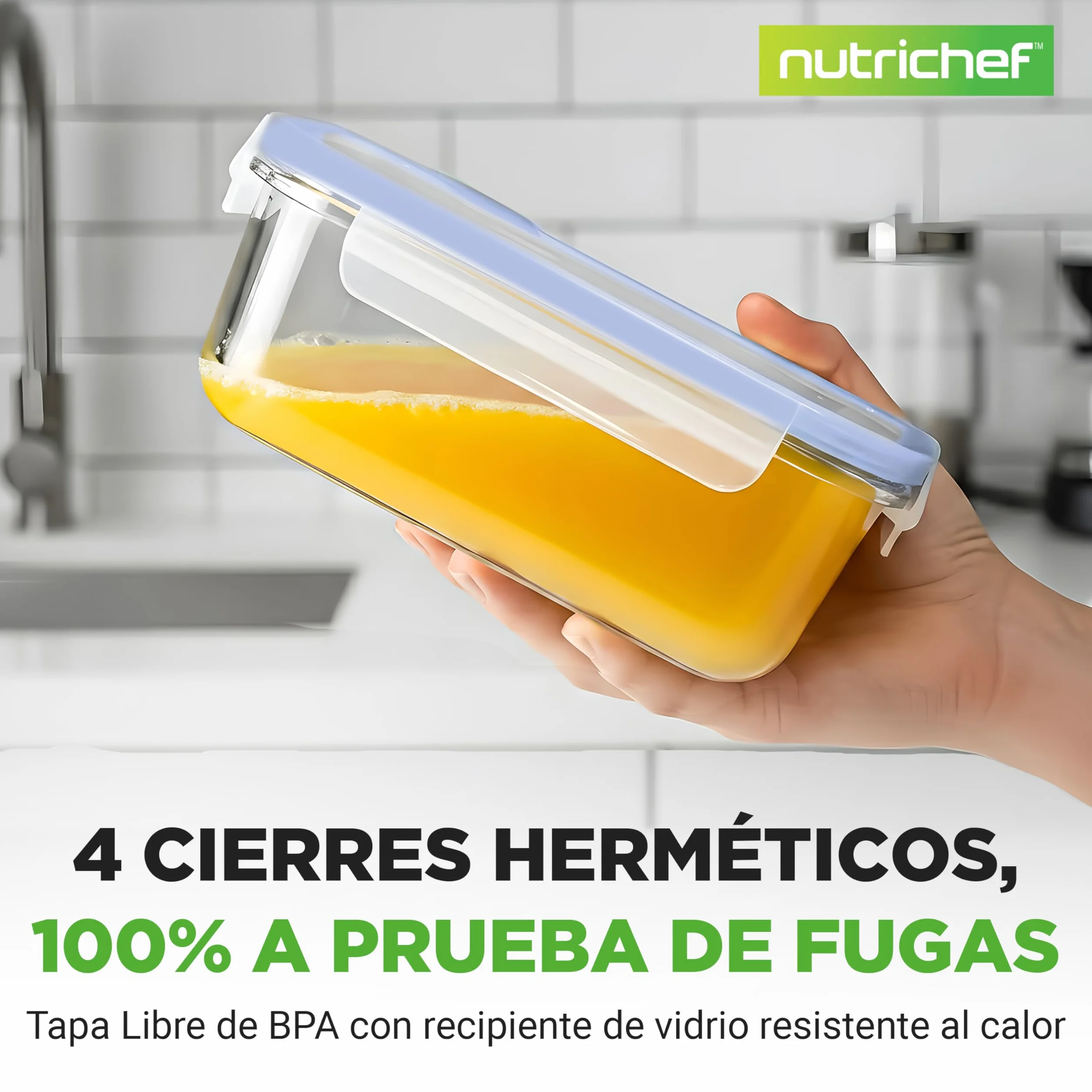 Nutrichef tuppers de cristal herméticos con orificio de aire, 5 recipientes apilables y 5 tapas, Aptos para microondas, Horno y congelador, Sin BPA