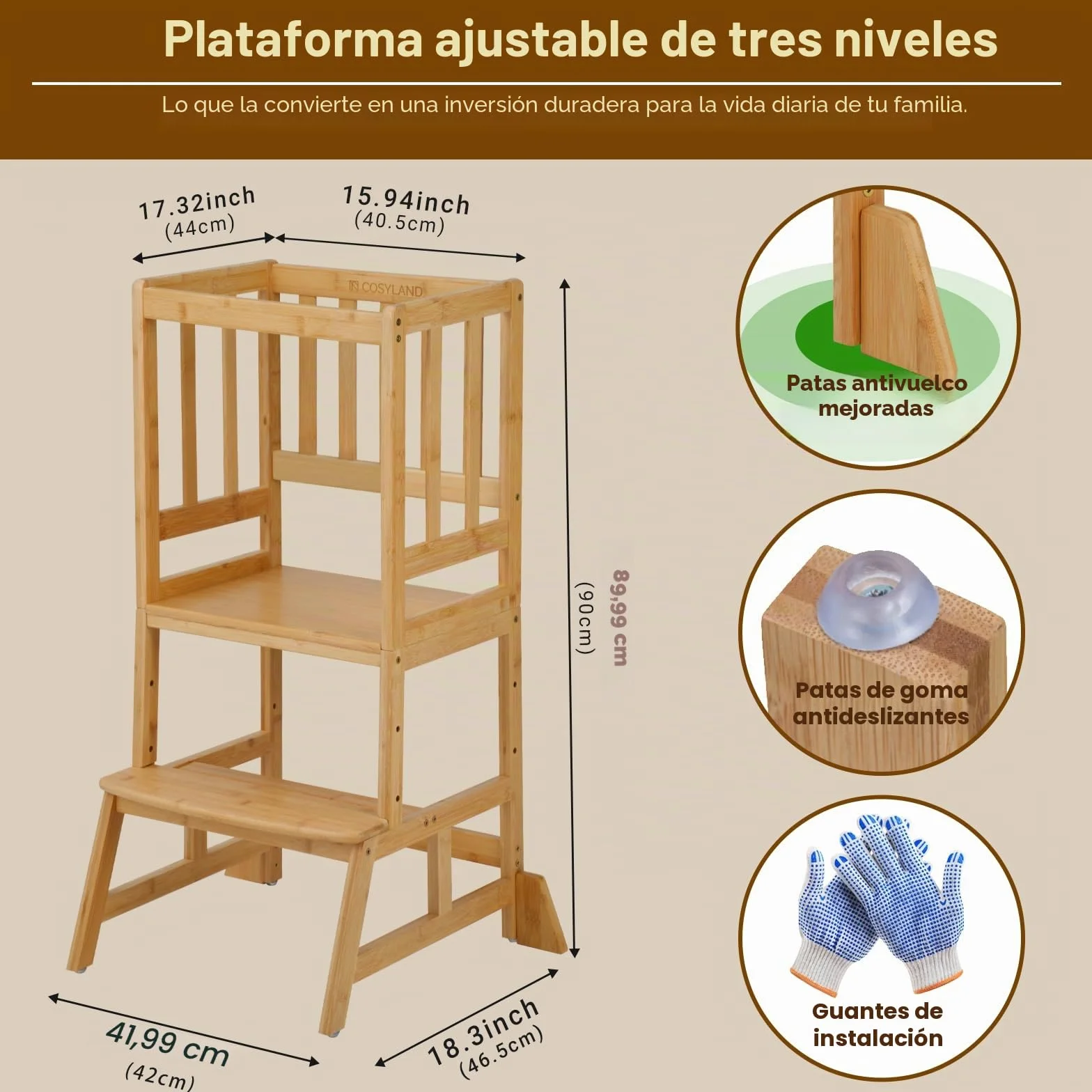 COSYLAND Torre de Aprendizaje Montessori Bambú 3 Niveles Altura Regulable para Bebés 1 a 6 Años