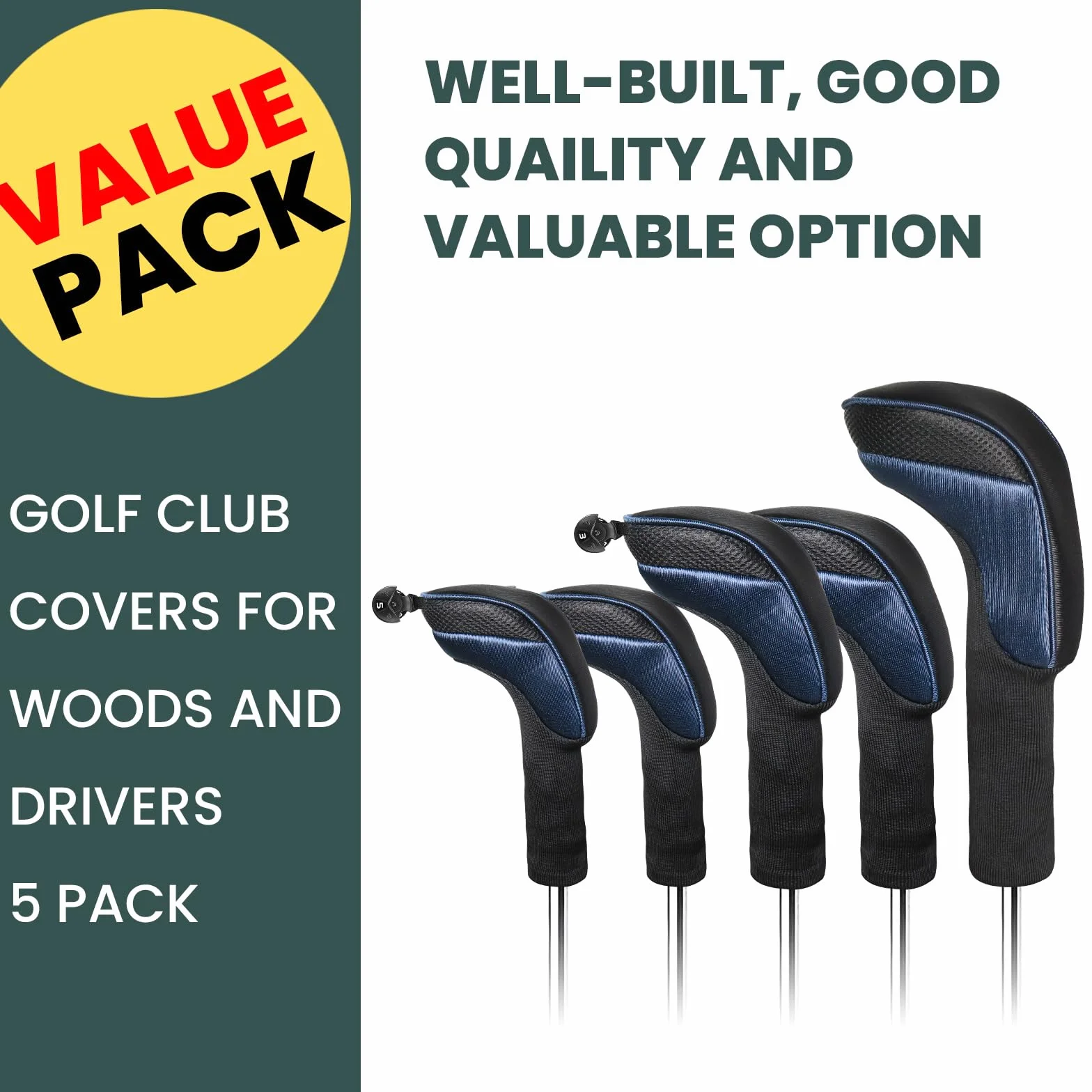 FINGER TEN Fundas para cabeza de palo de golf para maderas, Fairway, híbrida, cubierta larga, con etiqueta intercambiable