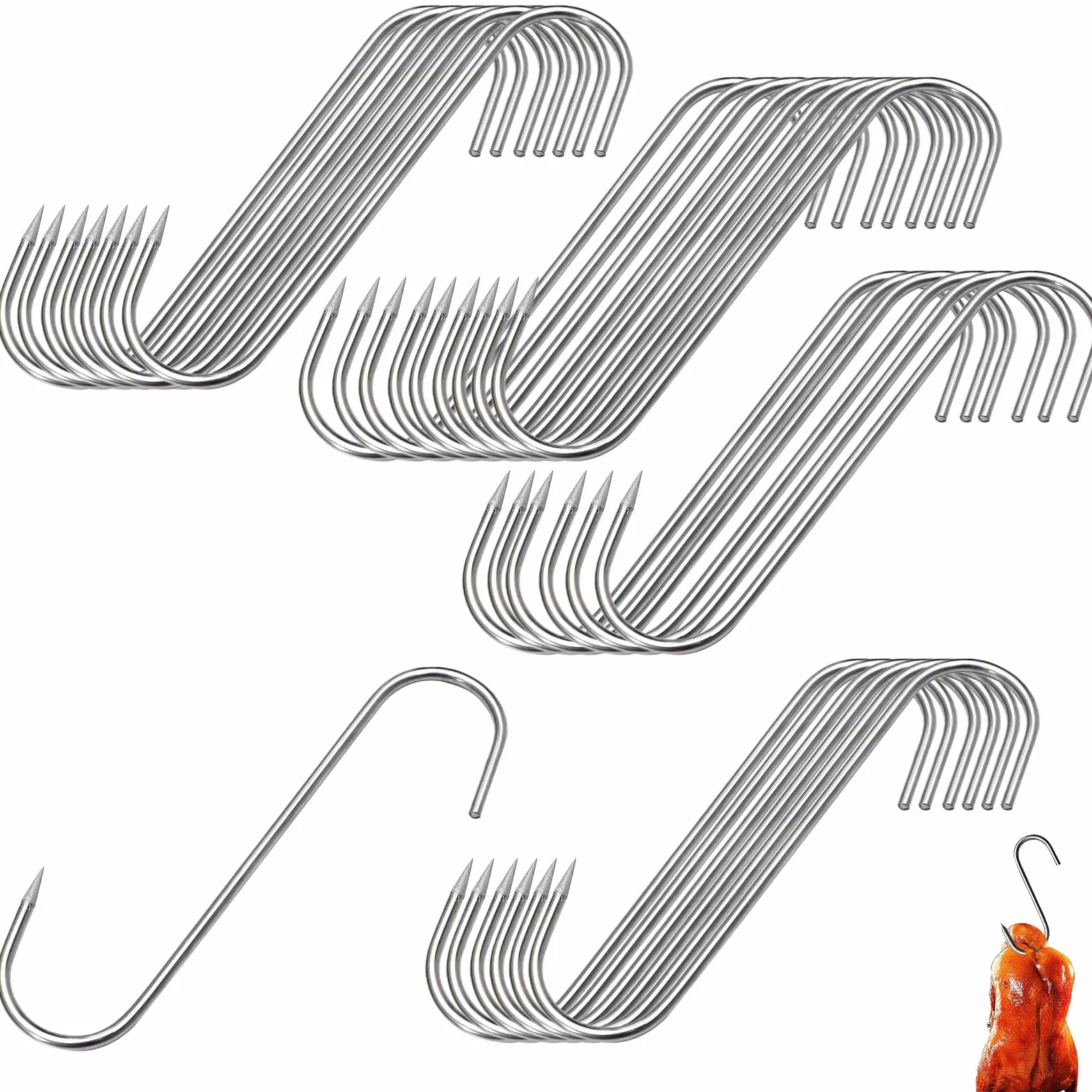 Gancho de Cocina,30 Pcs Gancho de Carne para Asador Giratorio Ganchos Colgantes para Ahumar Inoxidable Ganchos para Colgar para Carne Ahumadora de Cocina para Colgar Carne,Tocino,Jamón,Pato Asado