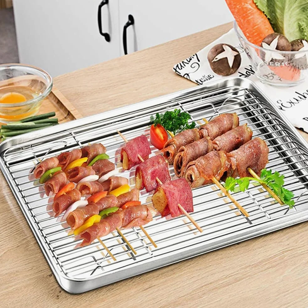 ACiyD Bandeja de Acero Inoxidable para Horno Bandeja para Galletas con Rejilla Utensilios para Hornear (23x17x2,5 cm)