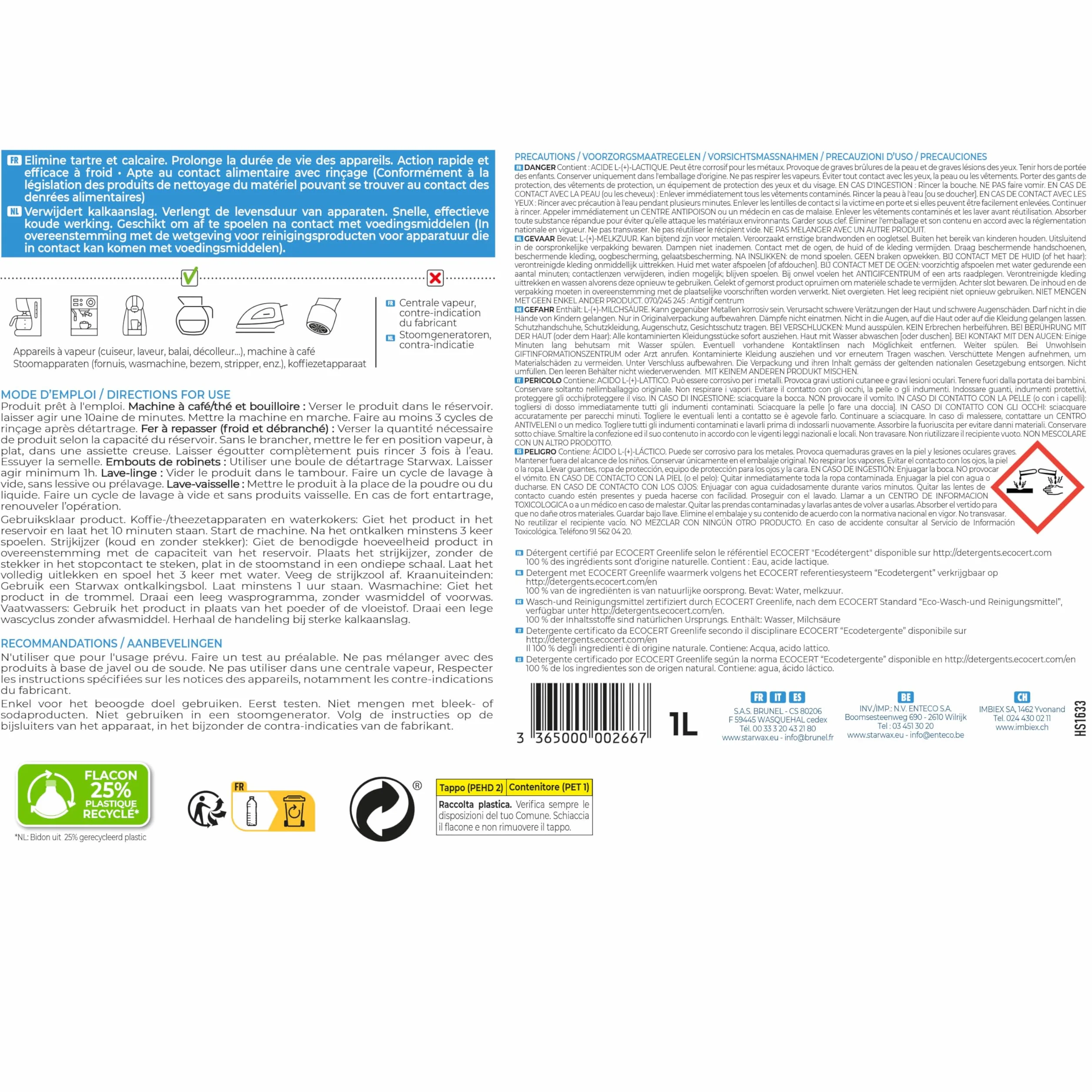 STARWAX - Descalcificador Electrodomésticos - Eficaz incluso en superficies muy incrustadas - Acción rápida - Eficaz en frío - 100% de origen natural - Listo para usar - 1L