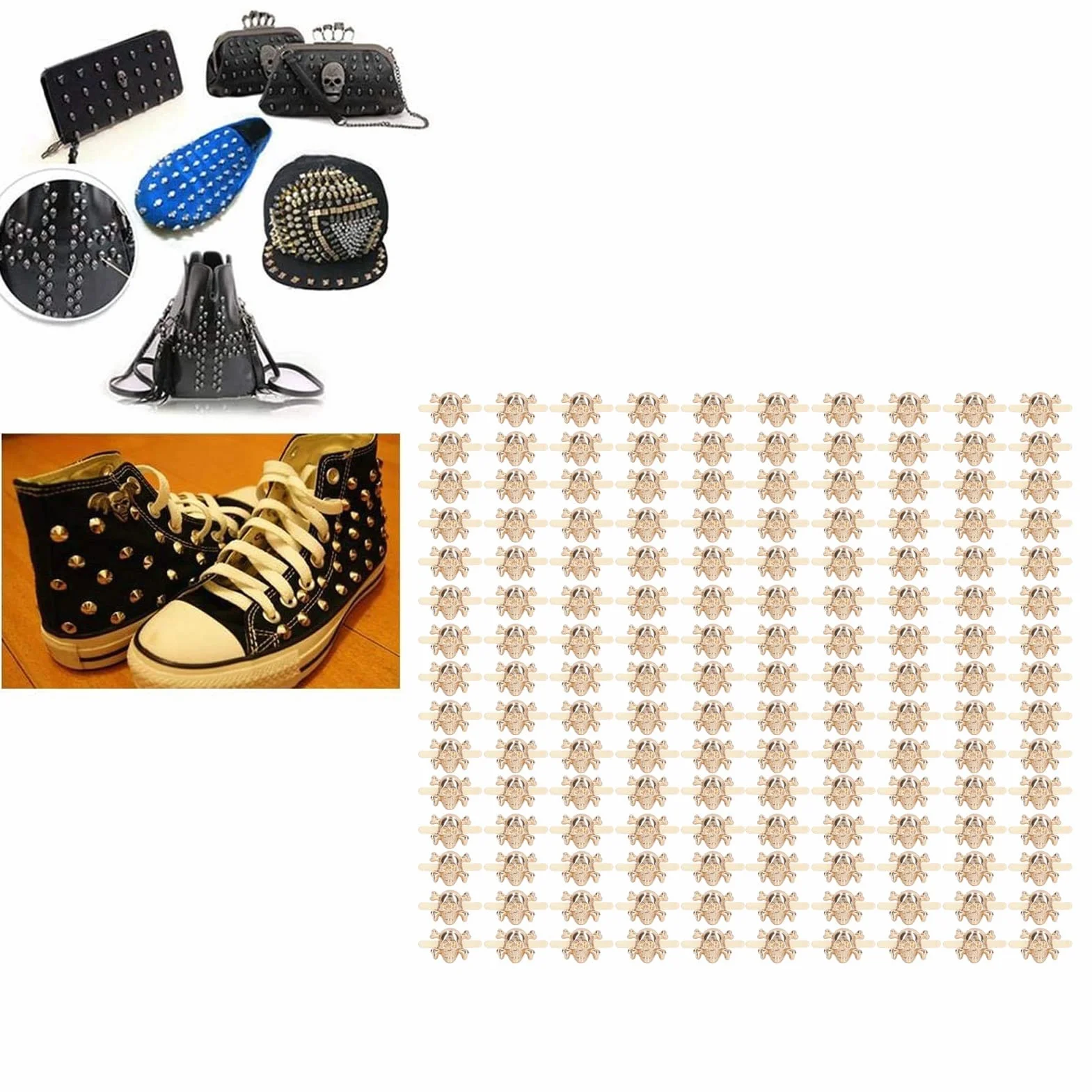 150 piezas de remaches de calavera estilo gótico de moda hermosos accesorios de perno de calavera para zapatos DIY bolsas de ropa (Oro)