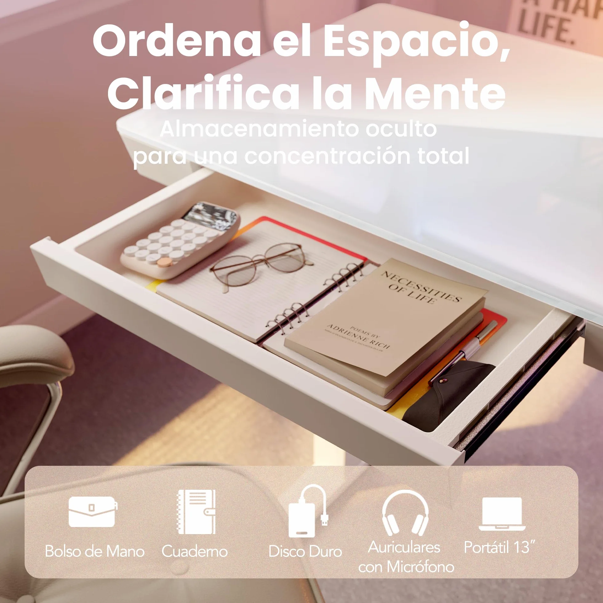 HUANUO 88 x 50 cm Escritorio Elevable, Mesa Elevable de Vidrio con Cajón, Puerto Carga USB y Panel Inteligente de 3 Memorias, Vidrio Blanco