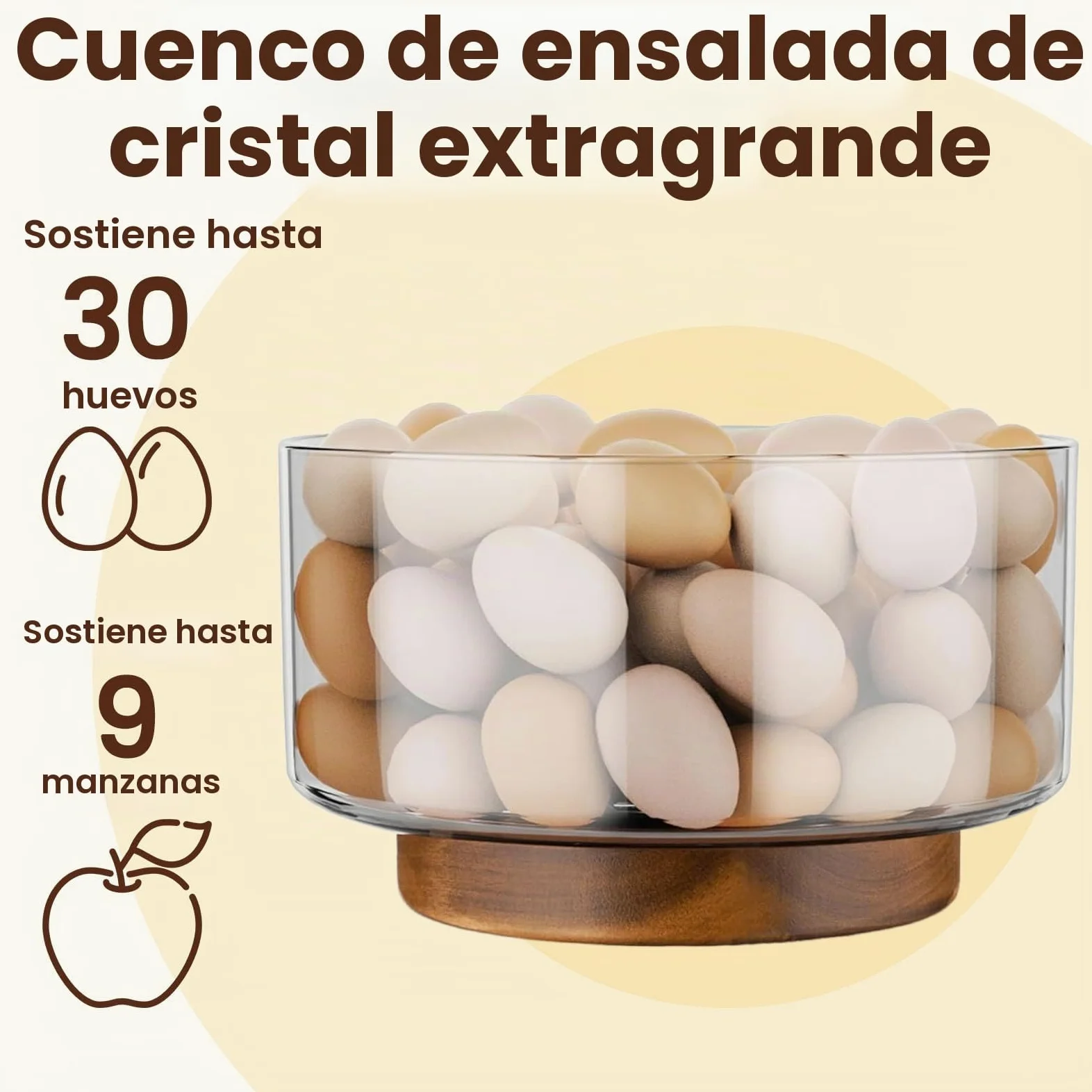 Bol Cocina Cristal 23cm 3700ml Bol Ensalada Grande Bol de Mezcla Ensaladera Cristal con base de Madera Apto para Lavavajillas Microondas para Preparar, Servir y Mezclar + 1x Cuchala 1x Tenedor | Cuenco grande de cristal, ensaladera de cristal extragrande