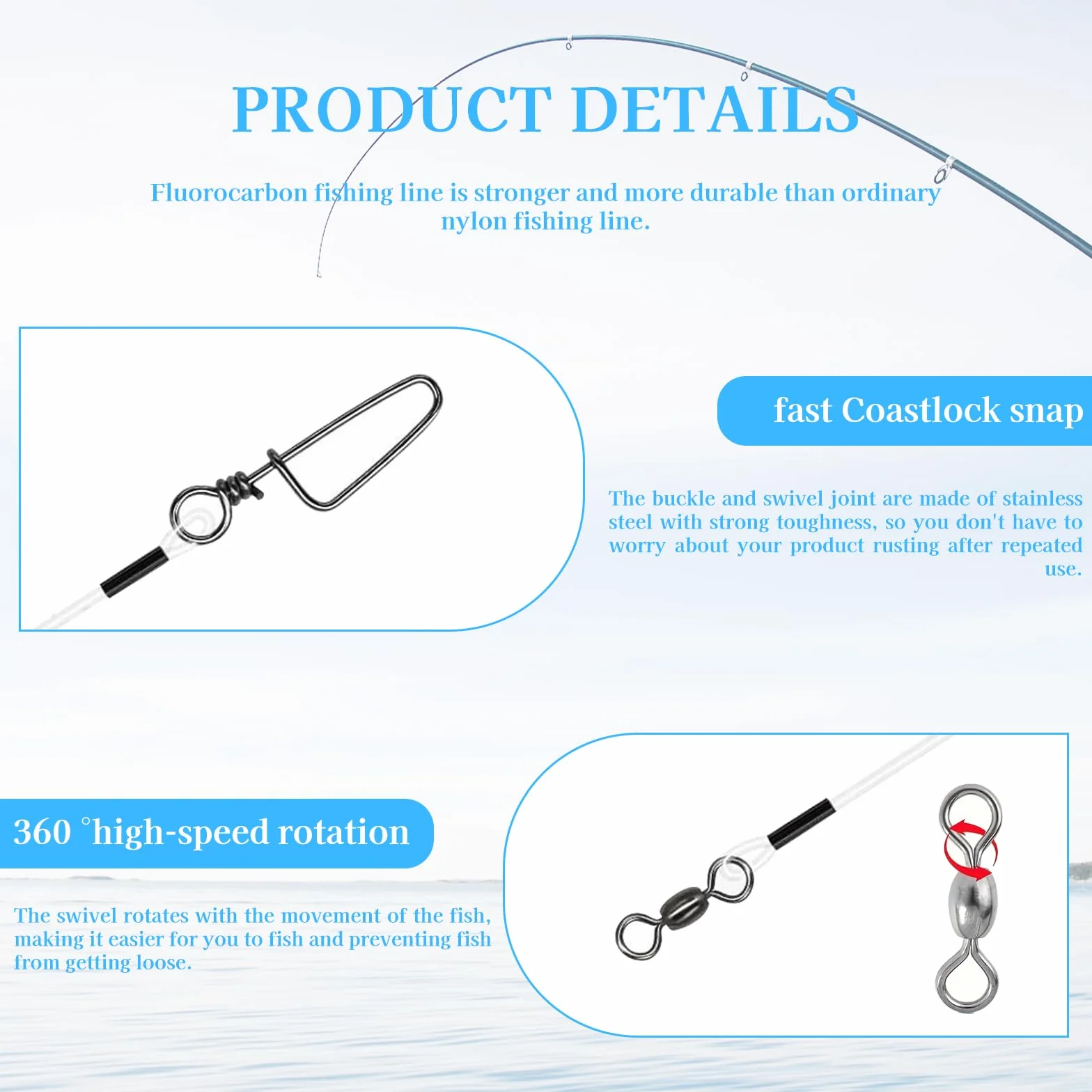 Línea de Líder de Acero de 12 Piezas, Fluorocarbono con Eslabón Giratorio, Accesorios de Pesca para Spinning
