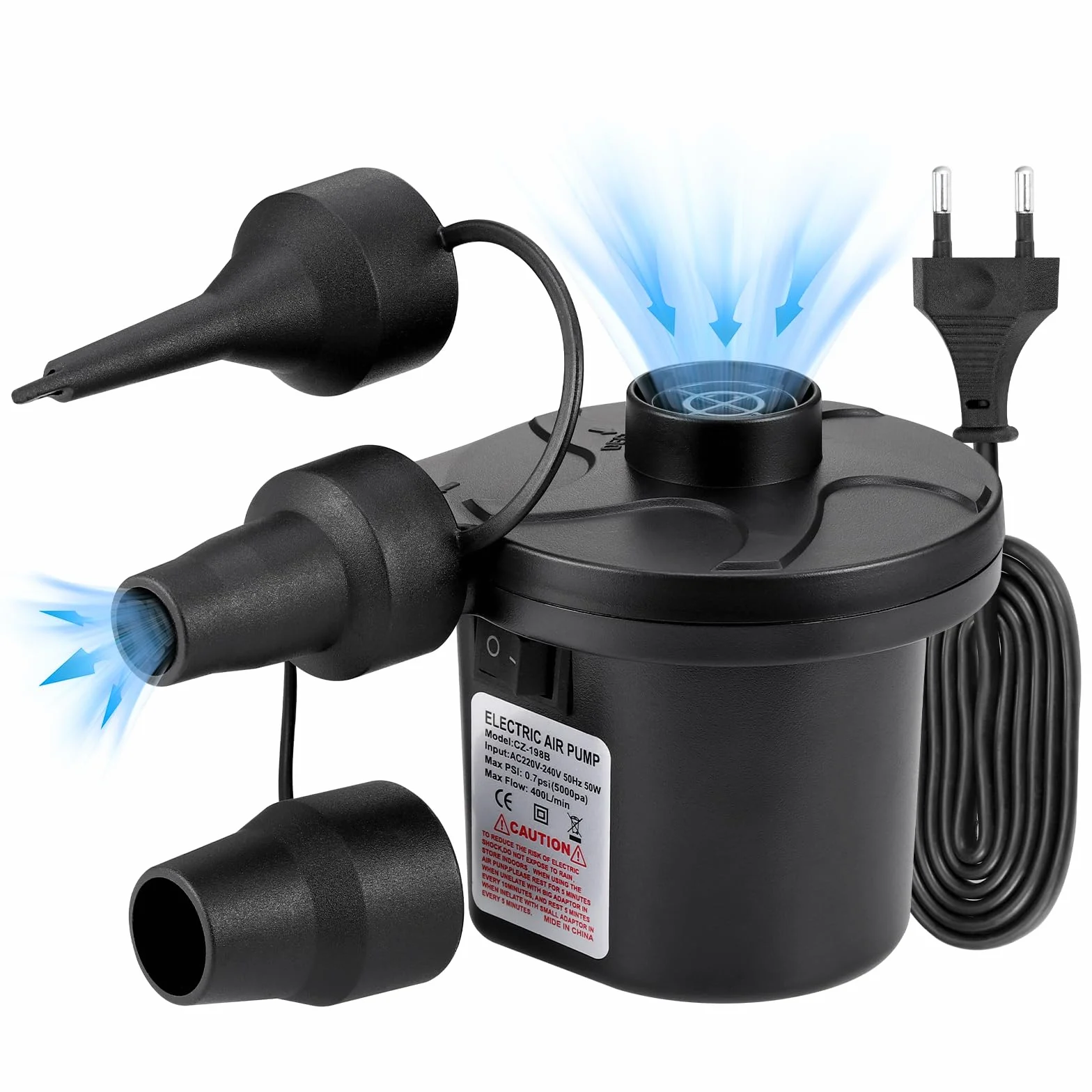 JIZZU Inflador Eléctrico Portátil 2 en 1 con 3 Boquillas para Colchones Hinchables