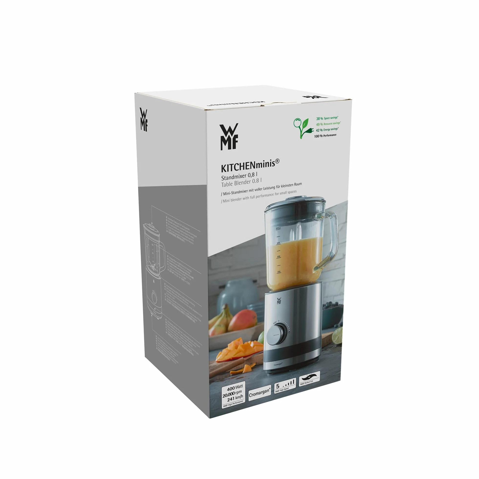 WMF Kitchenminis - Batidora de vaso 400 W,0.8 litros, 6 cuchillas, recipiente de vidrio, acabado de acero inoxidable cromargan mate, 5 velocidades, negro/transparente