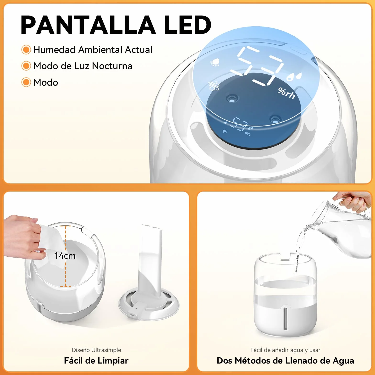 Humidificador 3.8L Top-Fill Silencioso 36dB 30H Autonomía Luz Nocturna Apagado Automático para Bebés y Plantas