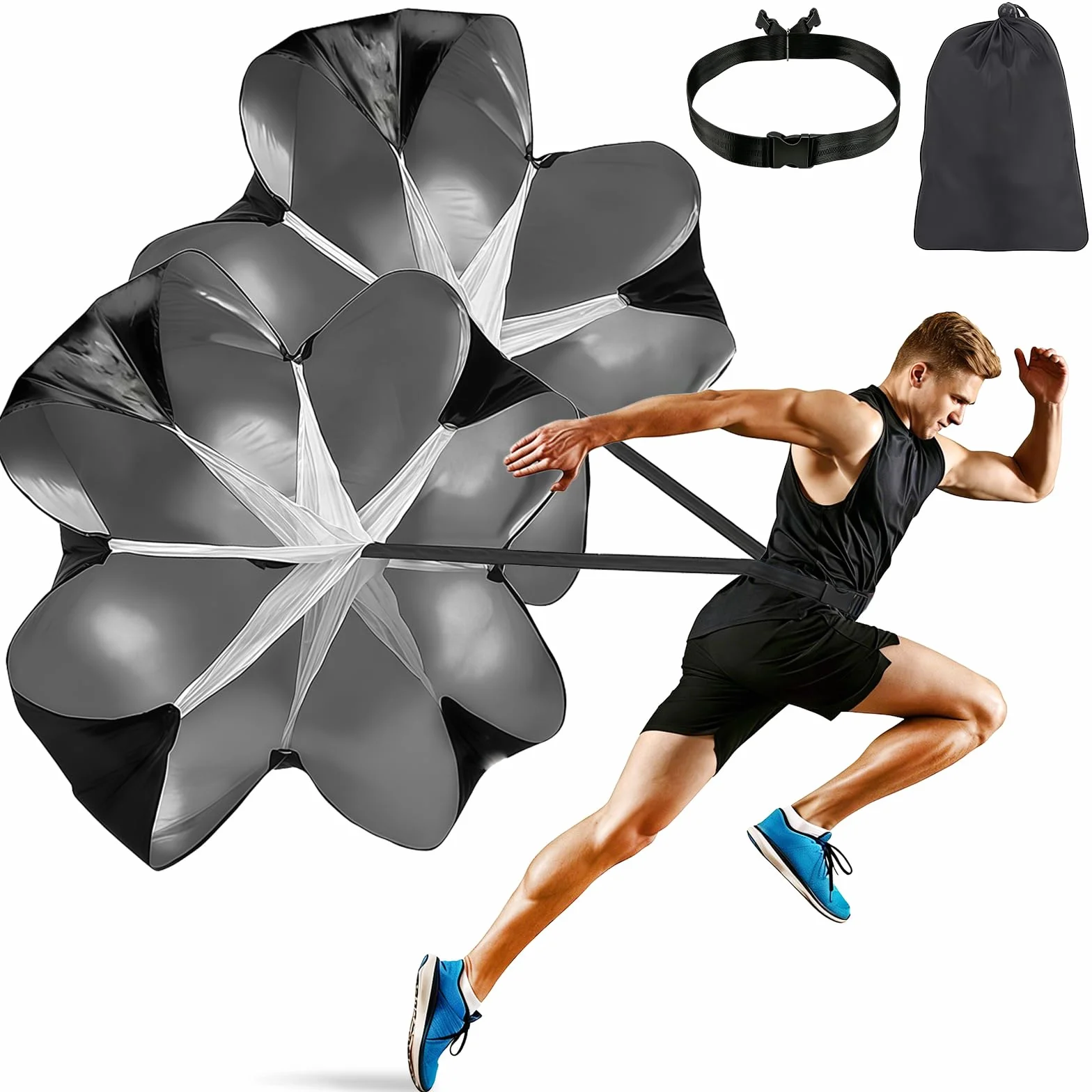 Paracaídas de Resistencia 2 Piezas, Negro, Paracaídas de Entrenamiento con Correa Ajustable para Sprint, Rugby, Fútbol, Béisbol