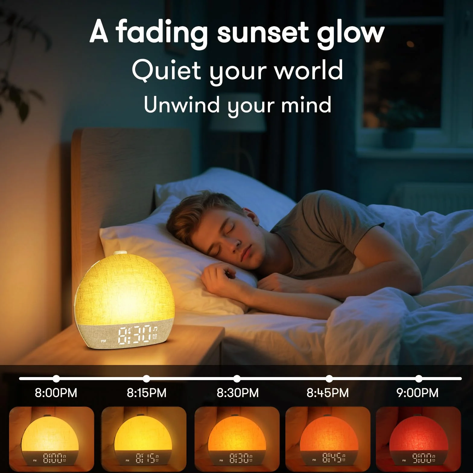 Reloj despertador con luz de amanecer, máquina de sonido de ruido blanco con 30 sonidos relajantes, luces nocturnas regulables, ayuda para dormir, repetición, temporizador, reloj despertador fuerte