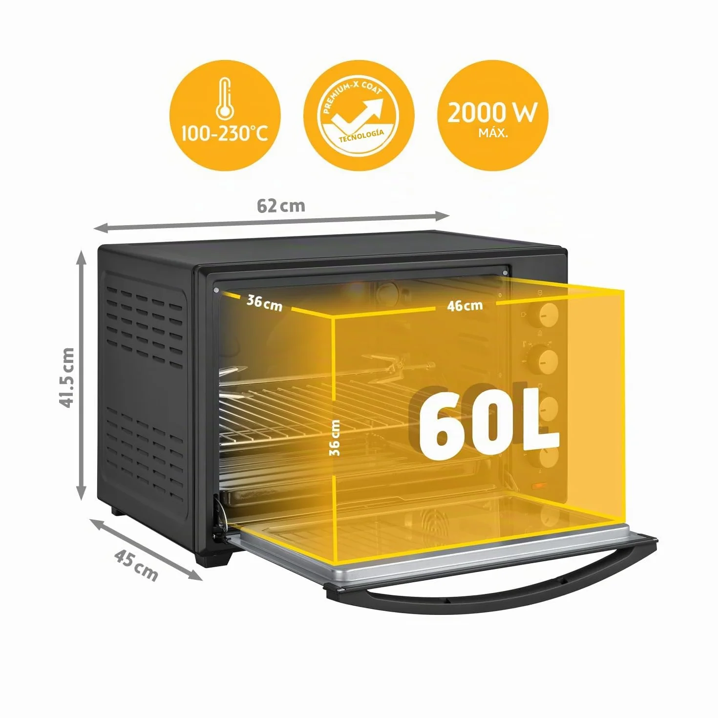 TZS First Austria - Mini Horno 60L 2000W - Minihorno espacioso para pizza con temperatura hasta 230°C y 6 modos - Con temporizador 60 min, 4 alturas de inserción, bandeja, rejilla y asador giratorio
