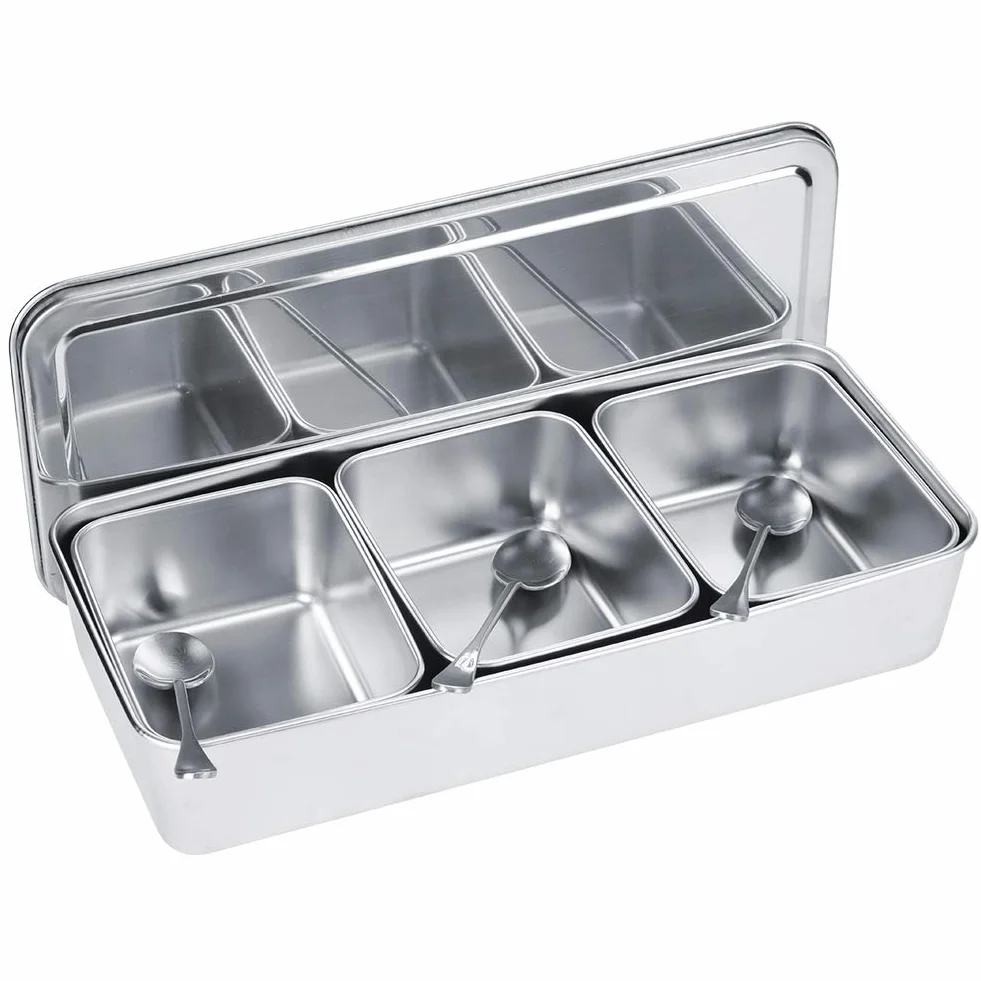 SIXRUN Caja de especias de acero inoxidable, juego de vidrio, tapa de cuchara, 3 rejillas para el hogar, contenedor de especias, cocina, restaurante