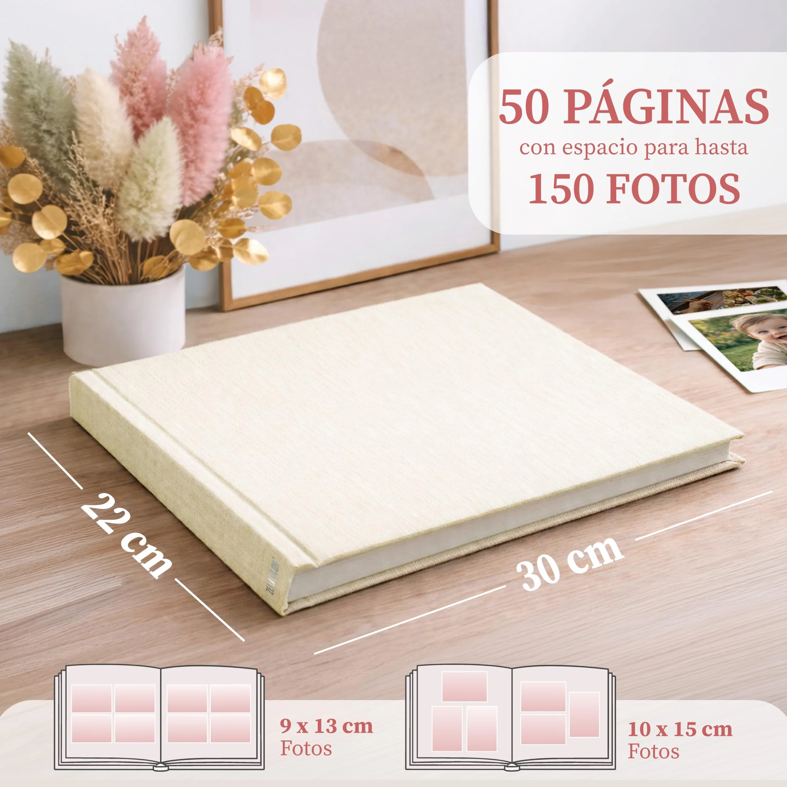 Zenacolor Album Fotos para Pegar y Escribir - Album de Fotos Lino 30x22cm Beige - 50 Páginas Brancas & Espaço para 150 Fotos