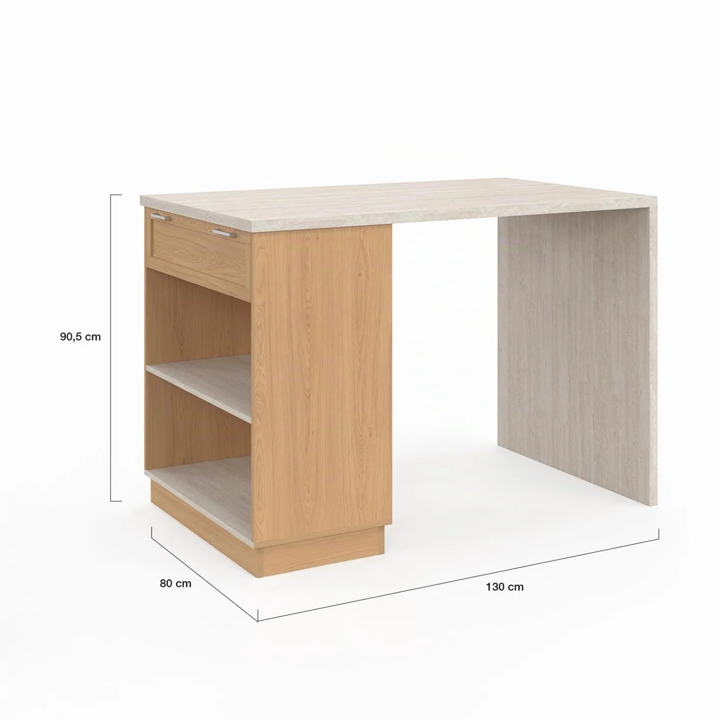 IDMarket – Ilot Central - Comedero de pie para 4 personas VITO 130 cm, madera y bandeja efecto travertino