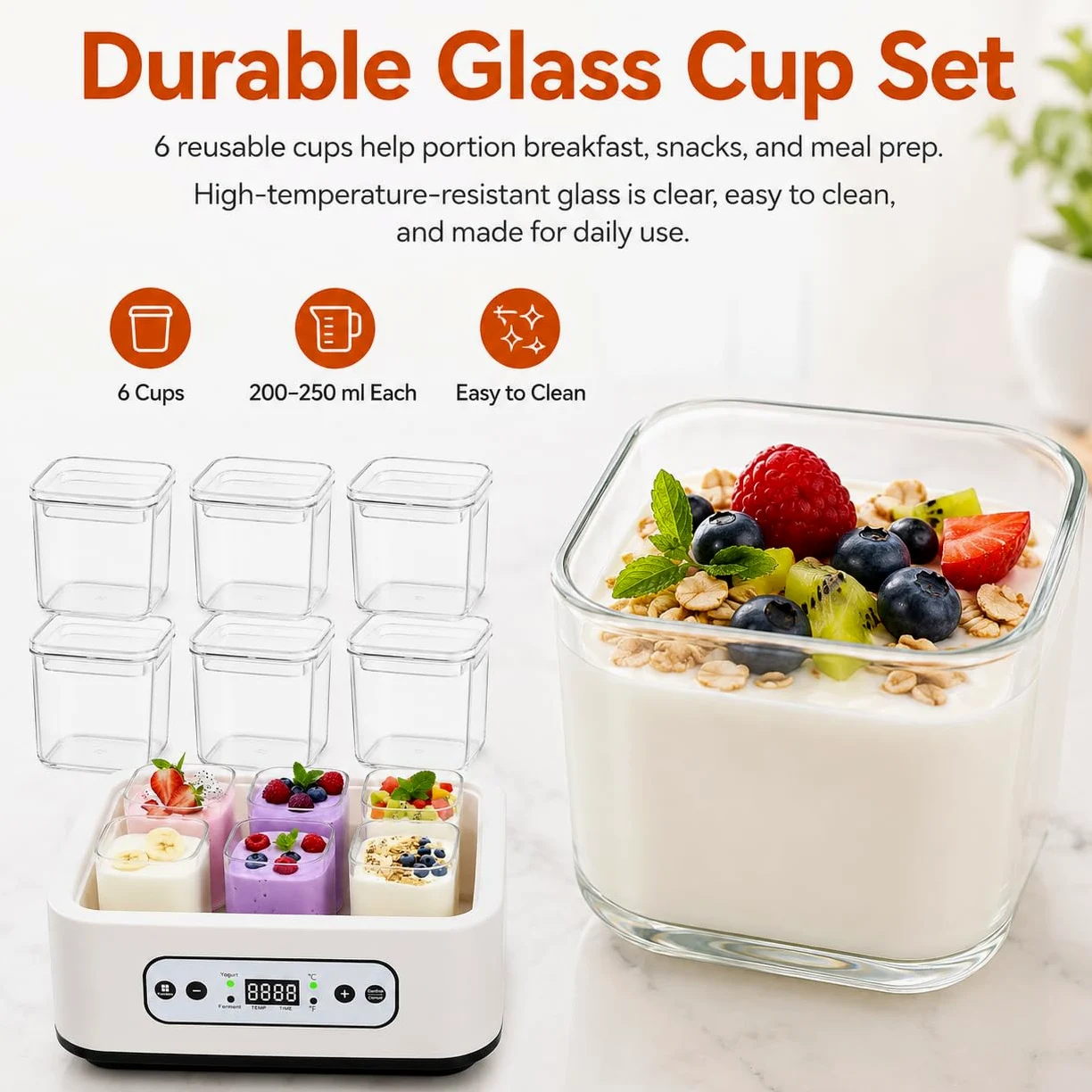 Yogurtera automática de 1000ML con 6 tarros, Control de Temperatura y Tiempo Ajustable de 36 Horas, fácil Limpieza, para Postre Griego casero