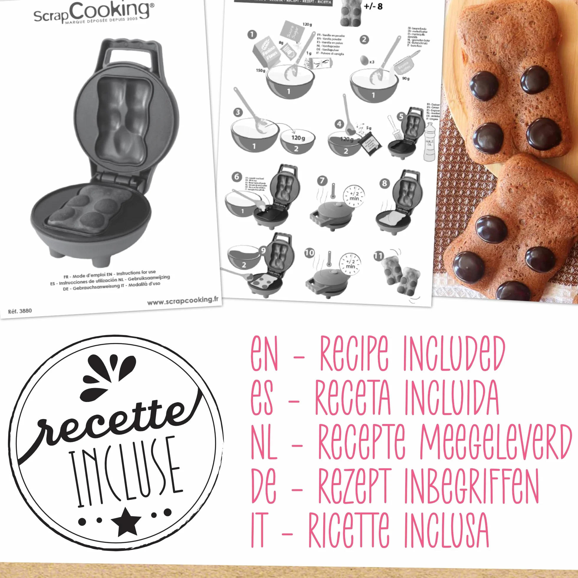 ScrapCooking - Mini Osito Factory - Máquina para Bizcochitos de Osito - Placa Caliente Antiadherente - Mini Pastelitos - Idea de Regalo para Repostería y Cocina - Receta Incluida - 3880