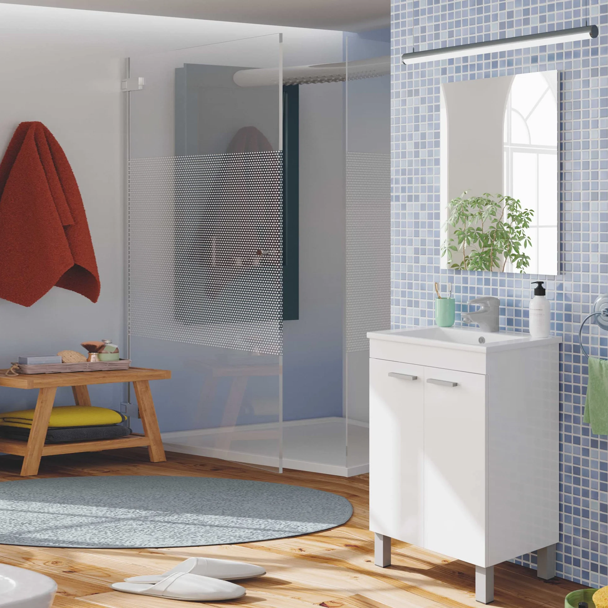 HOMN LIVING Mueble de Baño Levis 2 Puertas y Espejo, Acabado en Blanco Brillo, 50 cm (Ancho) x 40 cm (Fondo) x 80 cm (Alto)