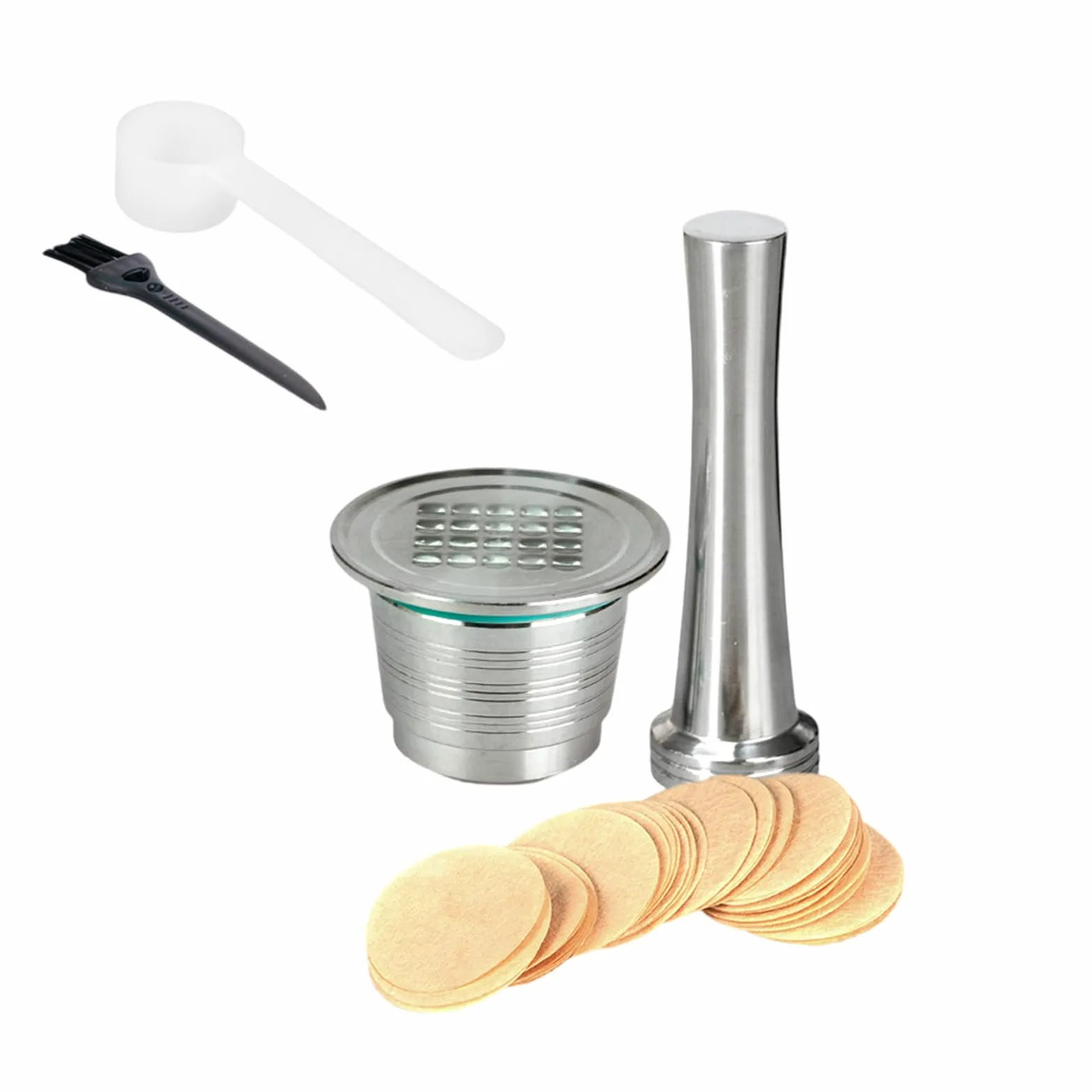 Greabuy Cápsulas de café de acero inoxidable con cuchara, papel de filtro y cepillo para mantenimiento de máquinas, juego de accesorios de café