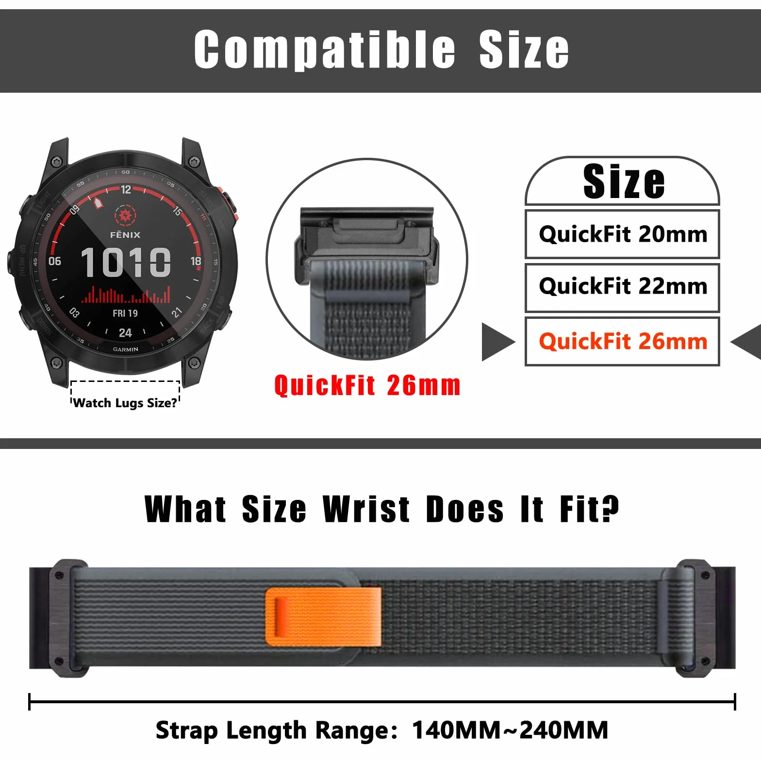 ZoRoll 26mm QuickFit Correa Nailon para Garmin Fenix 8 51mm, Fenix 7X Pro, Enduro 3, tactix 7 AMOLED, Epix Pro - Negra&Gris