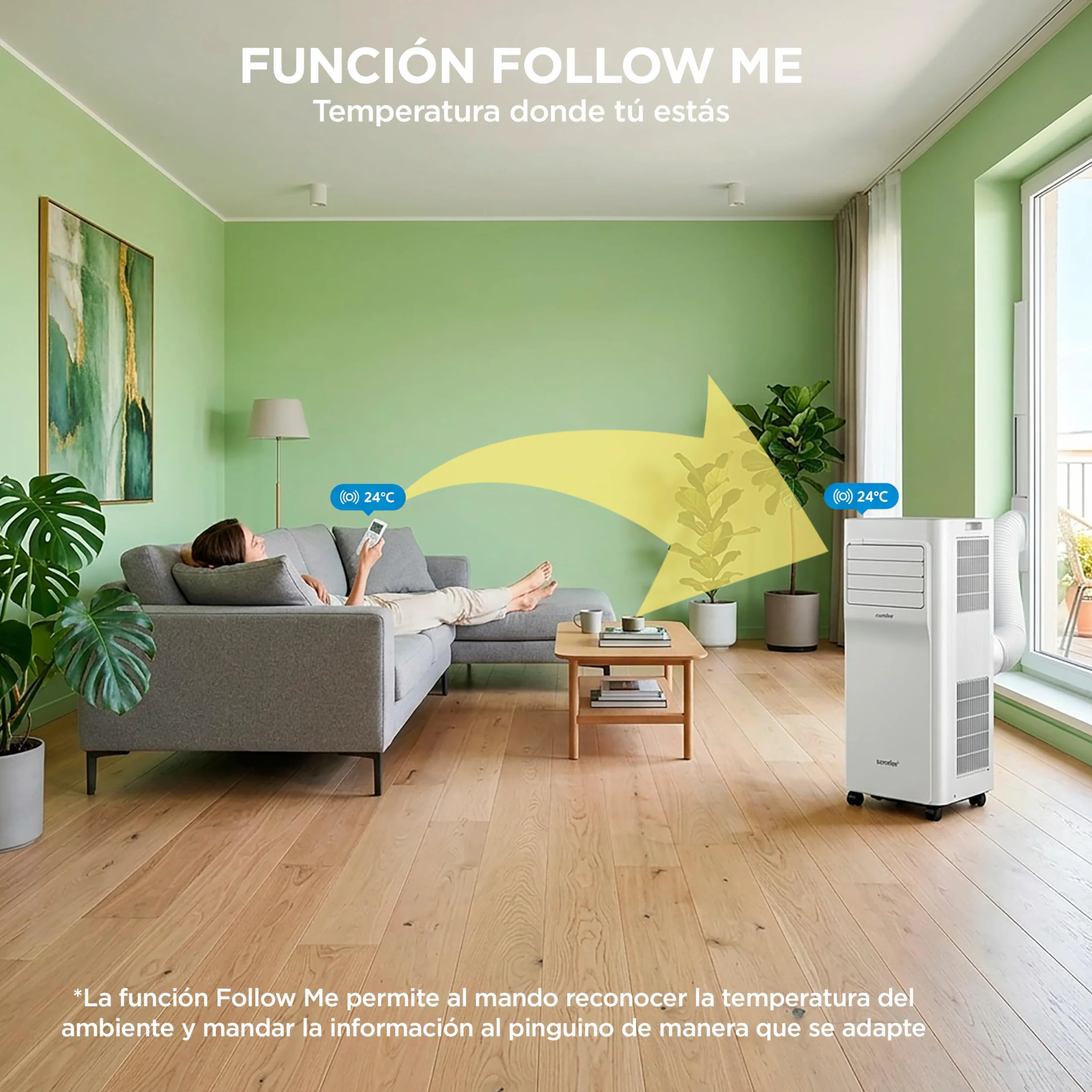 COMFEE Pingüino Aire Acondicionado Portátil 3 en 1 | 7000 BTU/1800 Frigorías Con App + Mando a Distancia | Climatizador y Deshumidificador | Bajo Consumo | Función Follow Me | Incluye kit de ventana