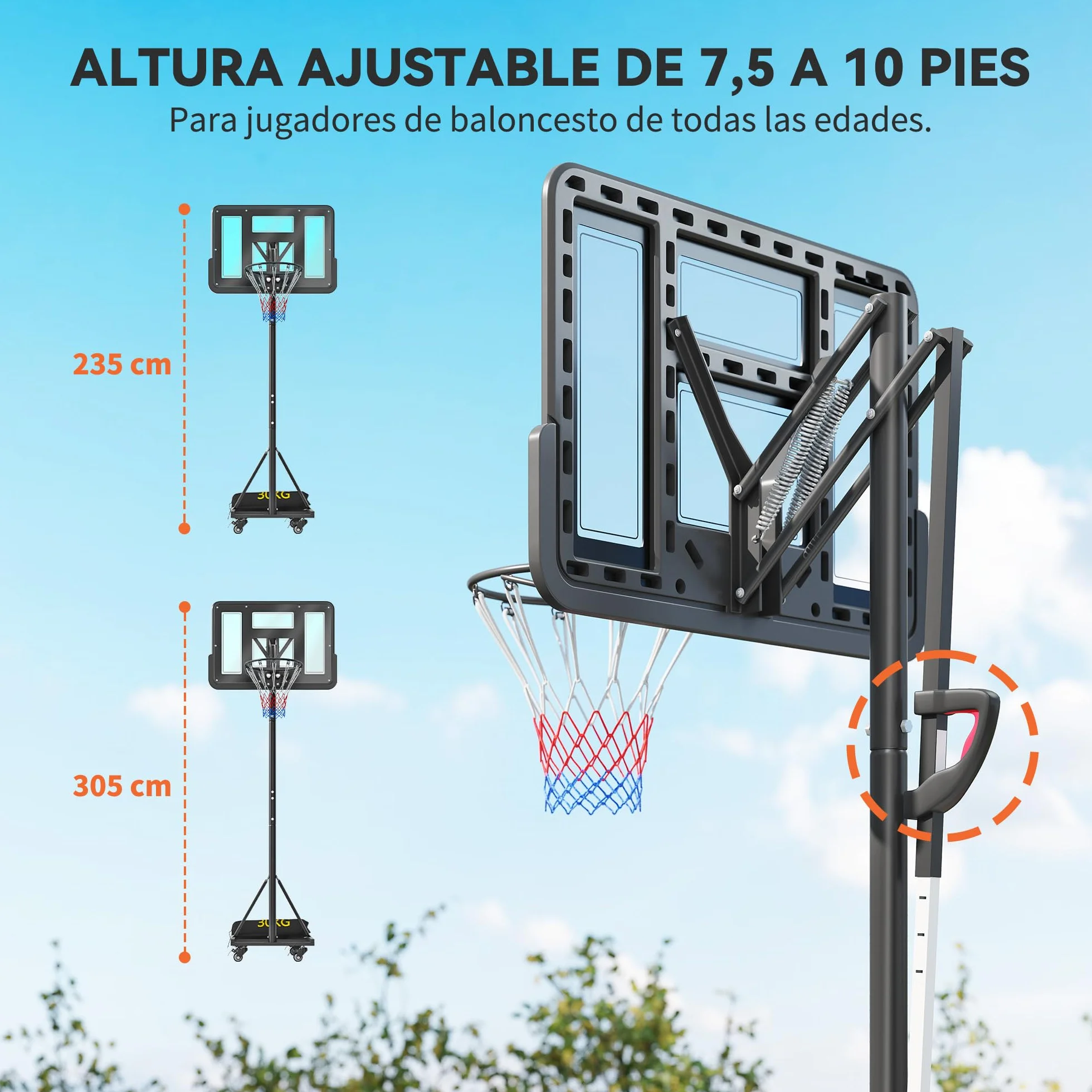 SPORTNOW Canasta de Baloncesto Exterior Altura Ajustable 235-305 cm Portátil Tablero Irrompible 110 cm Ruedas Saco de Peso Negro