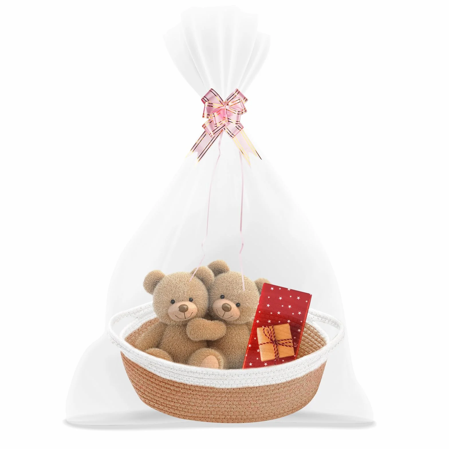 FRUHLING Cesta de regalo vacía trenzada con bolsas de celofán y lazo, almacenamiento de cuerda de algodón para baby shower
