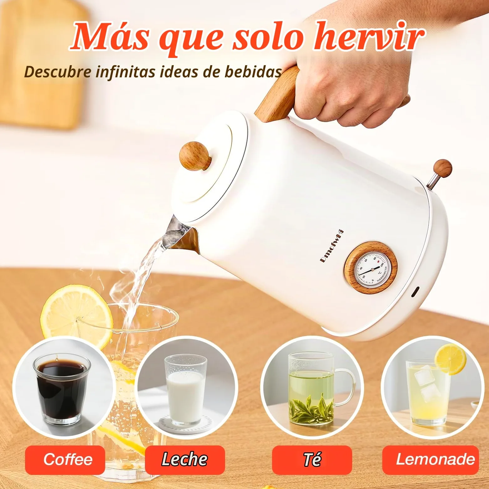 DmofwHi Hervidor agua Electrico en Acero Inoxidable 1,7 litros, Tetera Electrica Retro con Indicador de Temperatura y Termómetro, Perfecto para la Familia a la hora del Café y el Té, Blanco