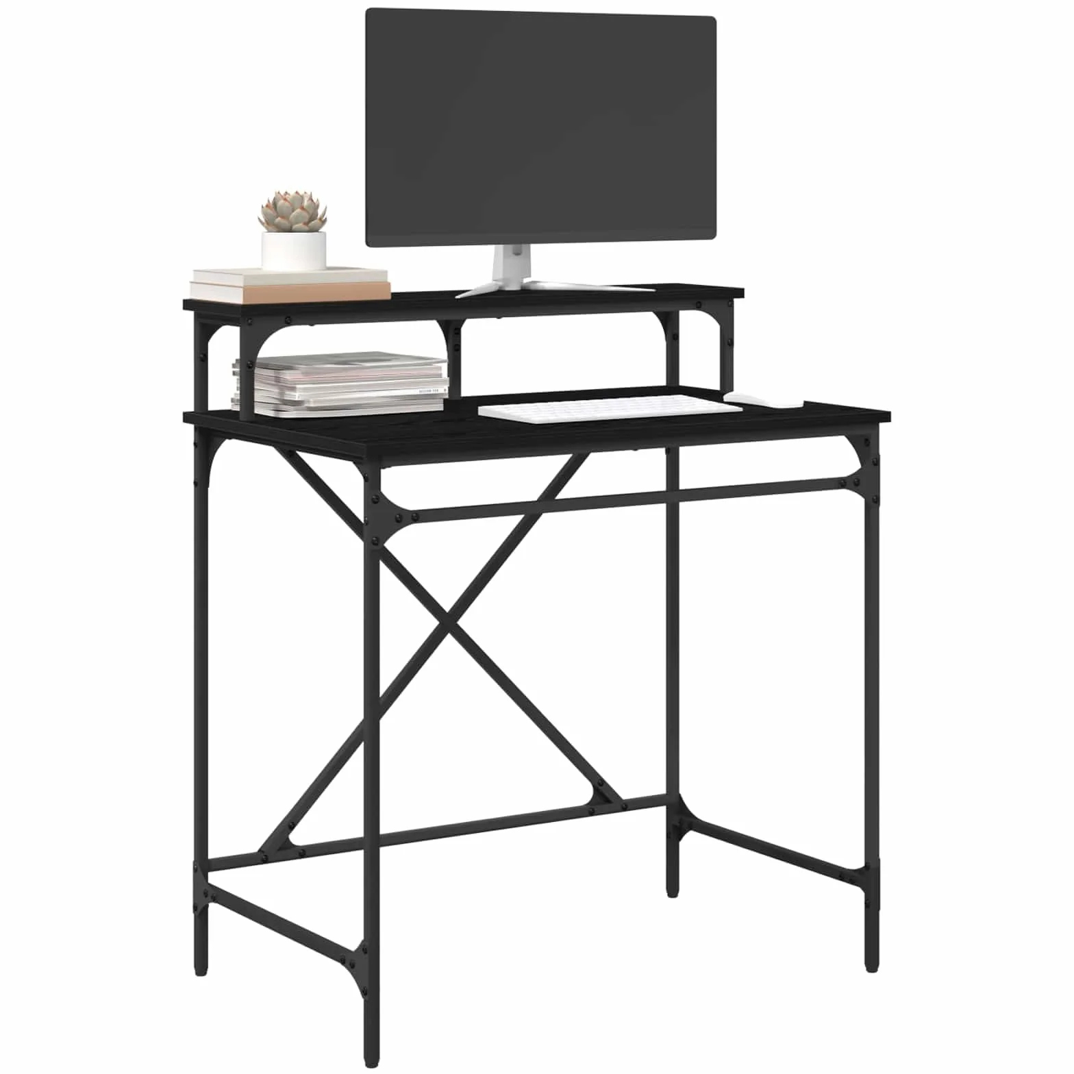 Escritorio de madera de roble negro, 80 x 50 x 90 cm, diseño industrial, con estante, resistente a las manchas, para oficina en casa, mesa de trabajo