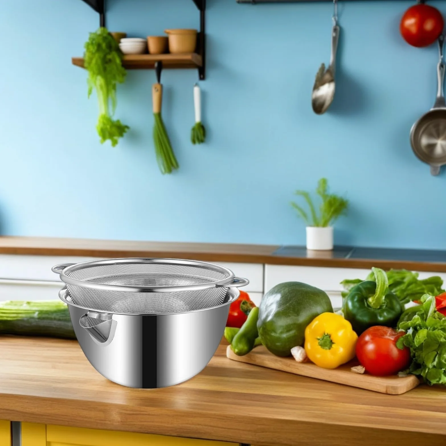 Colador de Acero Inoxidable con Función Integrada de Drenaje, Tazón Grande para Mezclar y Lavar Arroz, Adecuado para Cocina y Repostería, 1 Set Plata