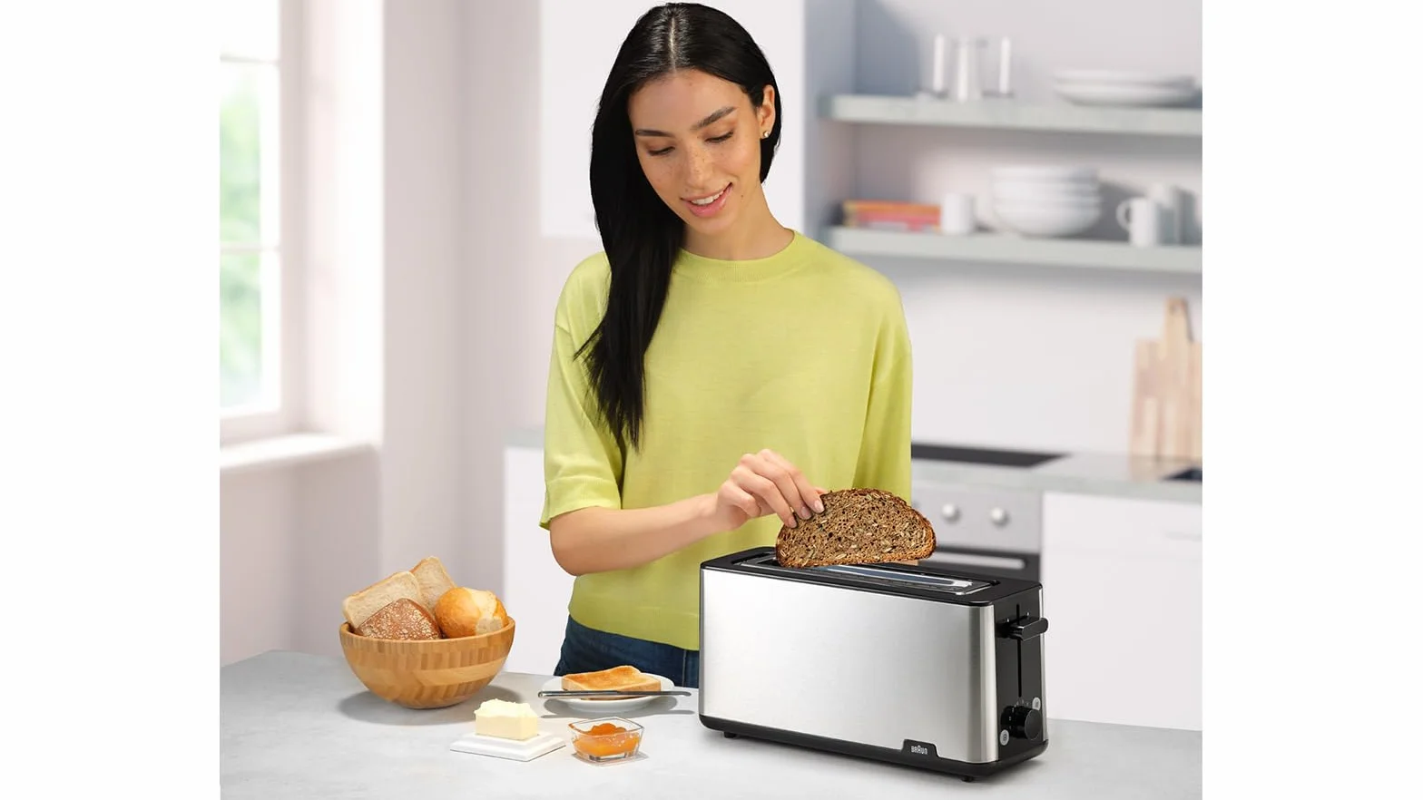 Braun PurShine HT1610BK, Tostadora con Ranura Extra Larga y 8 Niveles de Tostado, Funciones para Recalentar y Descongelar, Bandeja para Migas, Ranura de 25 cm, Potencia 1030W, Color Negro