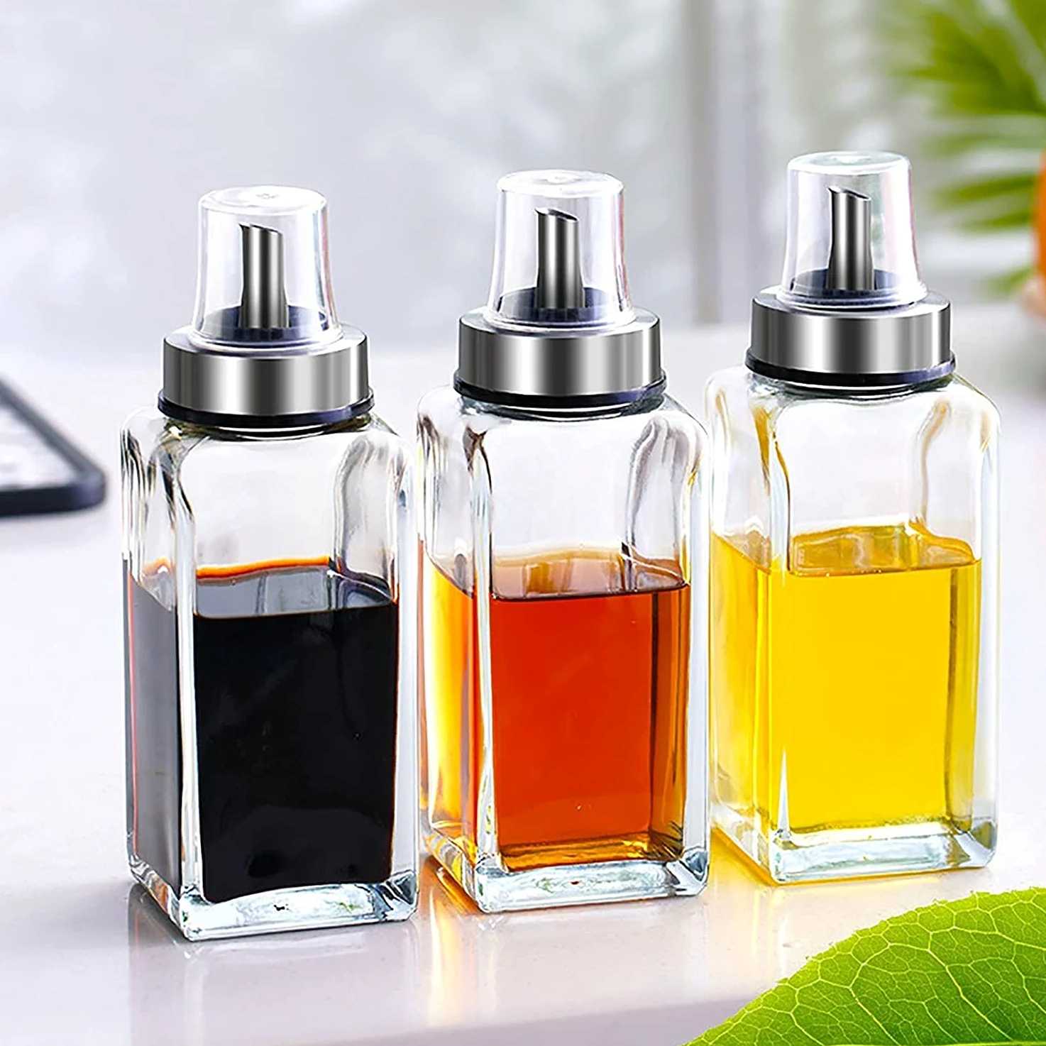 Botellas dispensador de aceite de oliva de vidrio de 300 ml, aceite de cocina y vinagre cruet, cocina, acero inoxidable de la casa tres tipos de boquillas pequeñas botellas de condimento, 3 pack