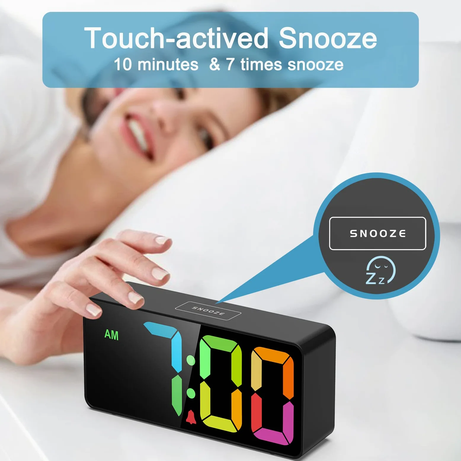 Welgo - Reloj despertador de gran cantidad de 7.5 pulgadas para personas mayores y niños, 0-100% de brillo y volumen ajustable, puerto de carga USB, operación fácil, repetición, fuente de alimentación
