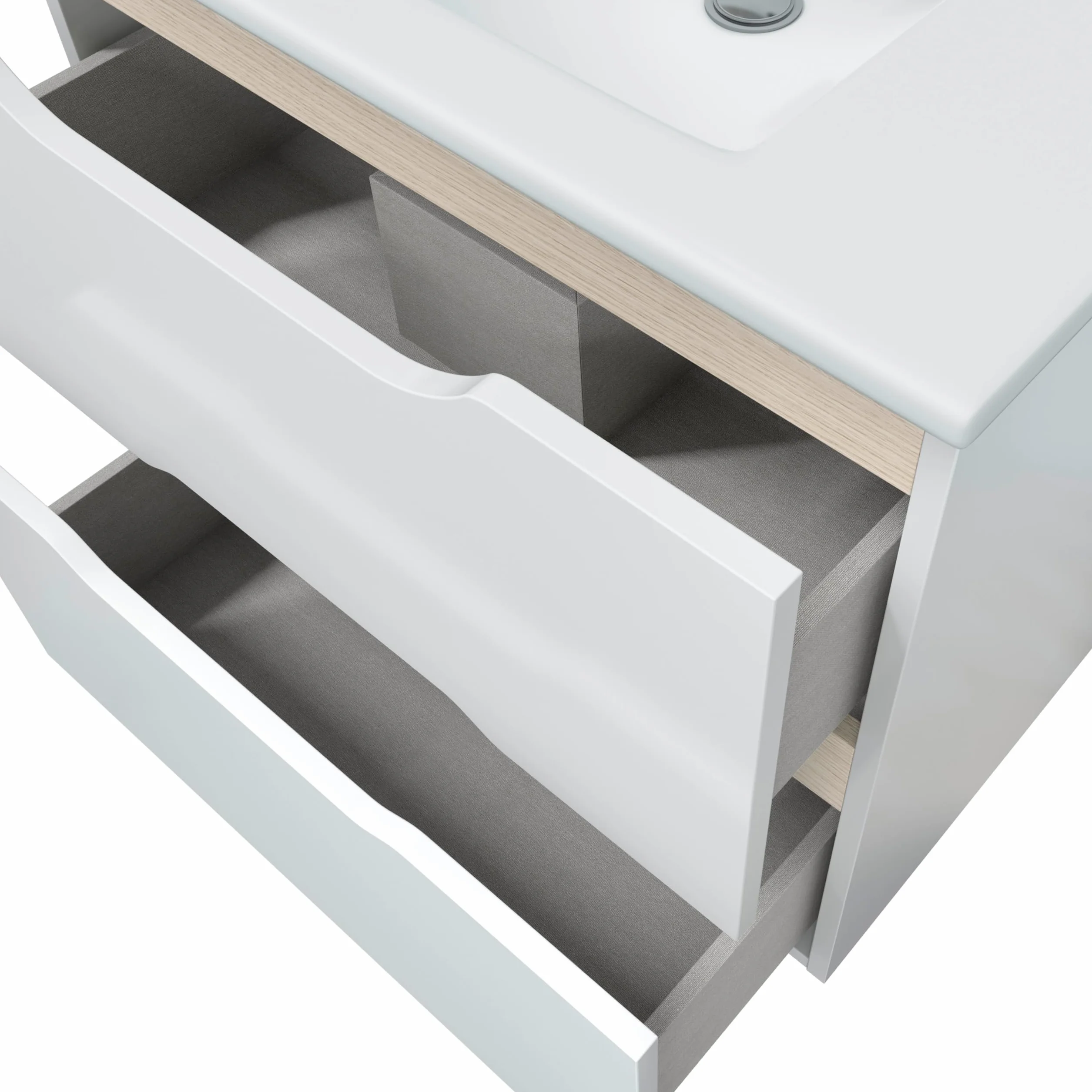 duehome | Mueble de Baño Suspendido con 2 Cajones y Espejo, Modulo Colgante, Modelo Nexa, Acabado en Blanco Brillo y Roble, Medidas: 60 cm (Ancho) x 57 cm (Alto) x 45 cm (Fondo)