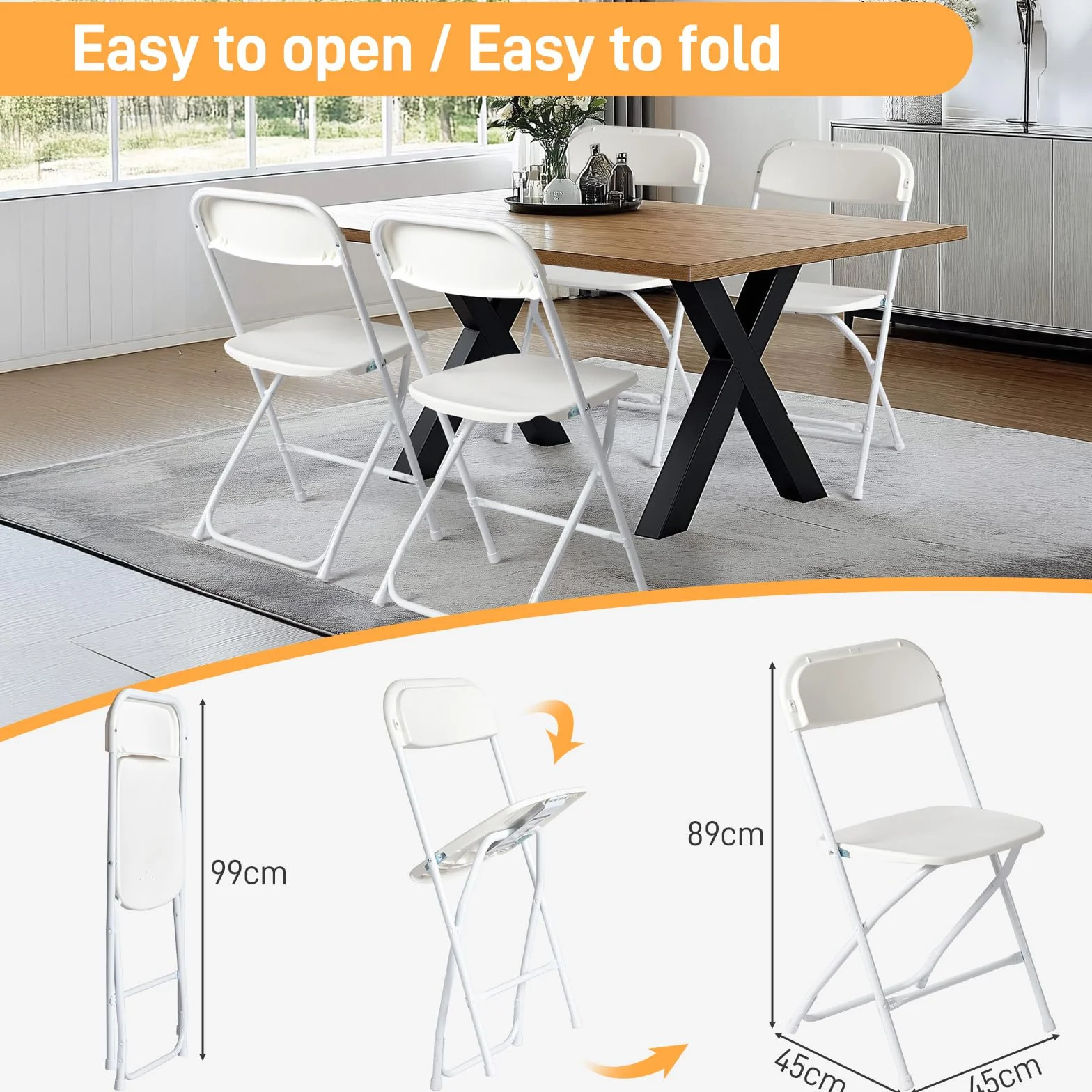 Bonnlo Set de 6 Sillas Plegables – Sillas de Comedor, Jardín, Camping, Plegables, para Balcón, Sala de Estar, Restaurante y Conferencias, Ergonómicas, 47x47x75 cm, hasta 150 kg, Blanco