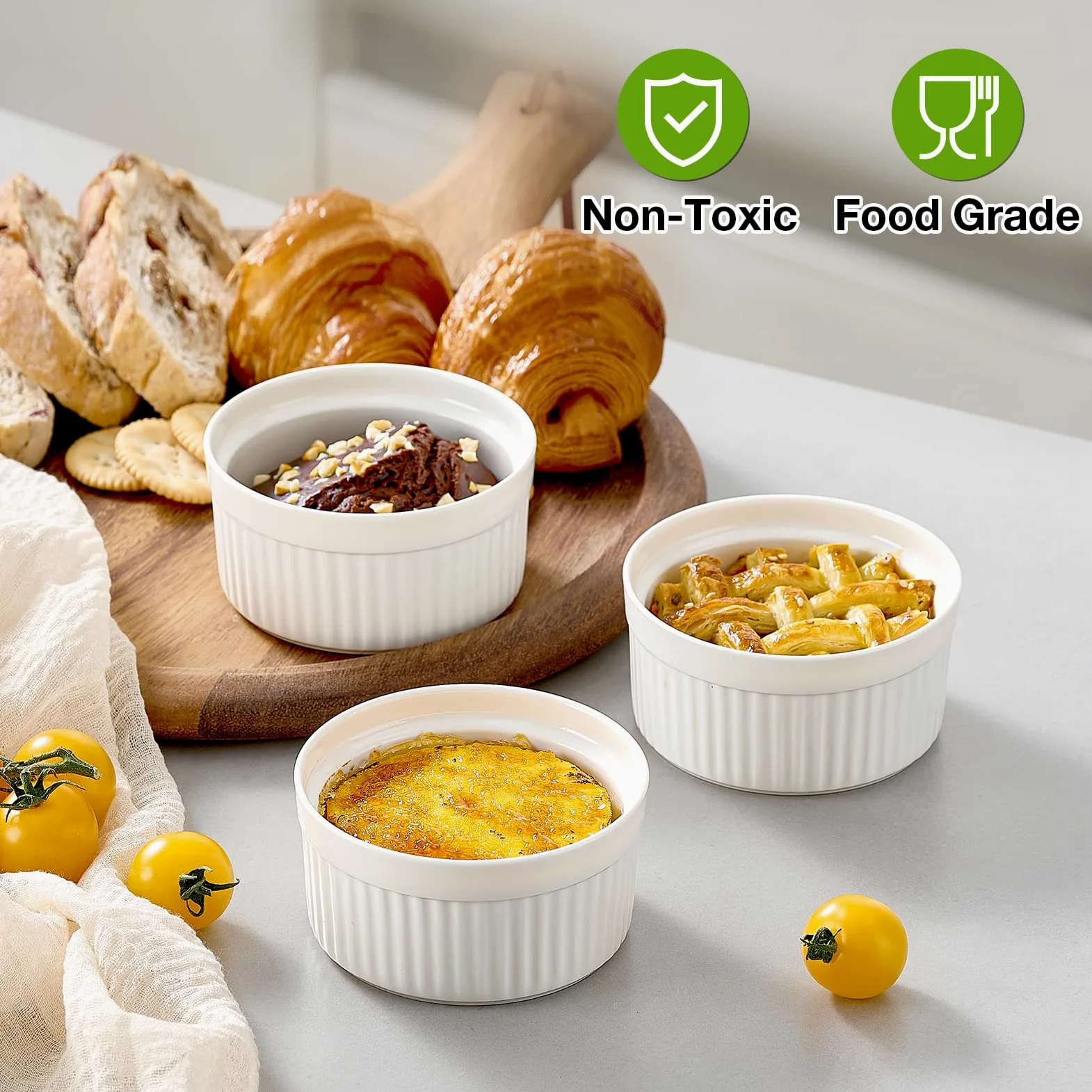 Mfacoy Ramequines con tapas, juego de 6 ramequines de porcelana de 8 onzas con cubiertas, tazas de natillas de pudín blanco para hornear, cuencos pequeños para salsas, postres, lavavajillas y horno