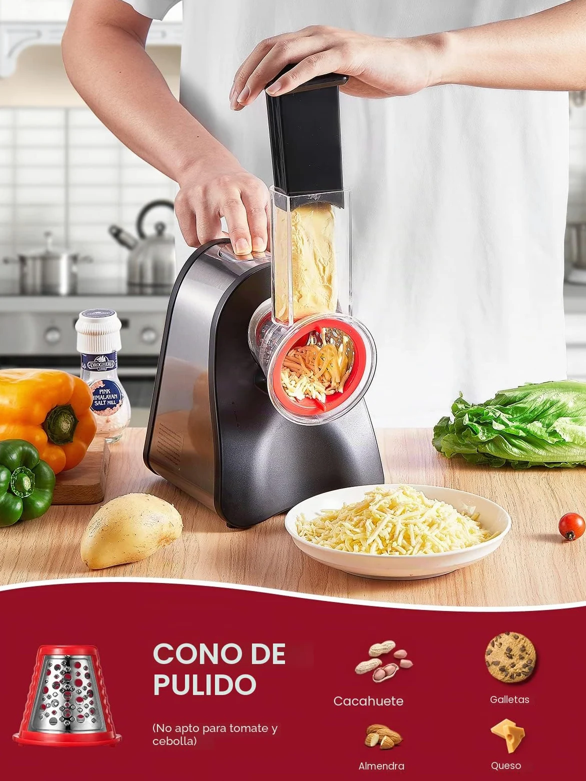 FOHERE Rallador Eléctrico, Cortador de Verduras Eléctrico con 3 Conos | para Cortar en Rodajas, Tiras o Ralla, Operación de un Solo Toque, Fácil Limpieza, Rojo