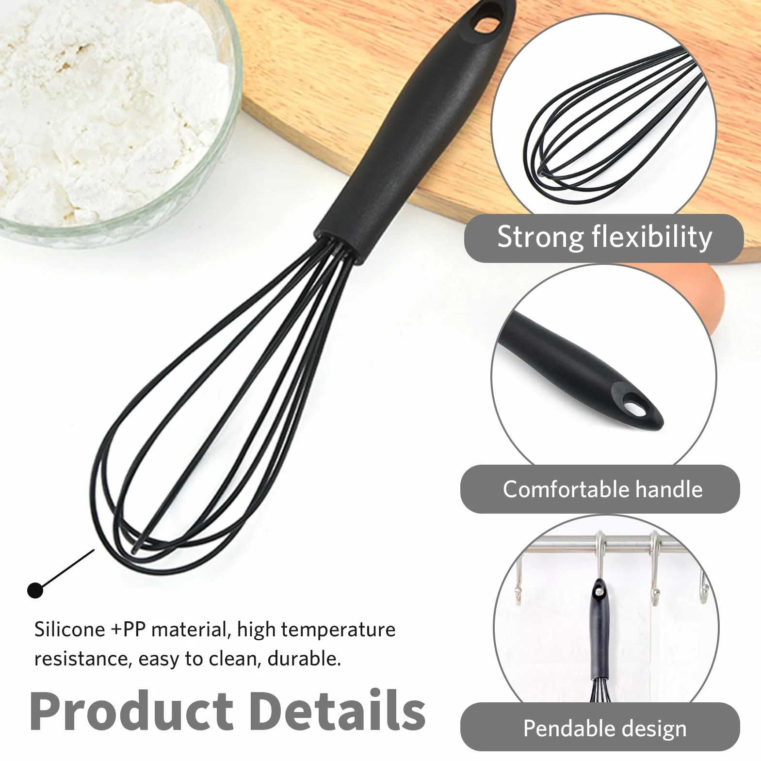Batidor de Silicona para Cocina,Mango Cómodo y Seguro,Ideal para Batir, Mezclar y Revolver,Manual Varillas para Mezclar Batir Espumar y Revolver,Negro