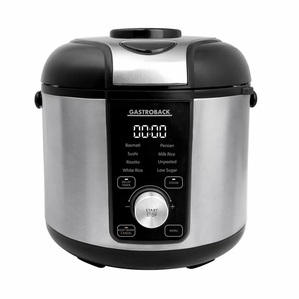 GASTROBACK Arrocera baja en carbohidratos de 3 litros con vaporizador de 500 W, 8 programas, incluye arroz Basmati, sushi risotto, olla interior antiadherente, apagado automático, función de