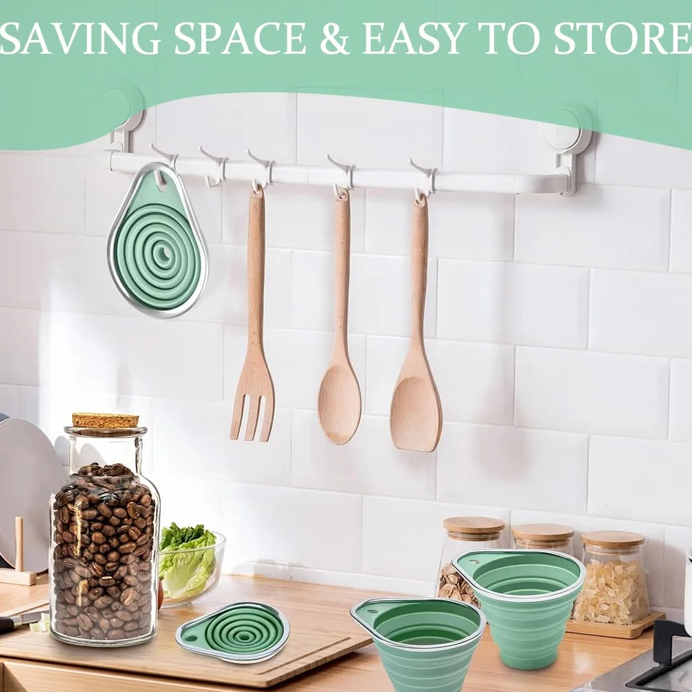 Embudos de Cocina de Silicona, 2 Piezas Embudo para Mermelada Plegables con Borde de Acero Inoxidable, Incluye Embudo Grande y Pequeño para Rellenar Botellas, Conservas e Ingredientes Secos y Líquidos