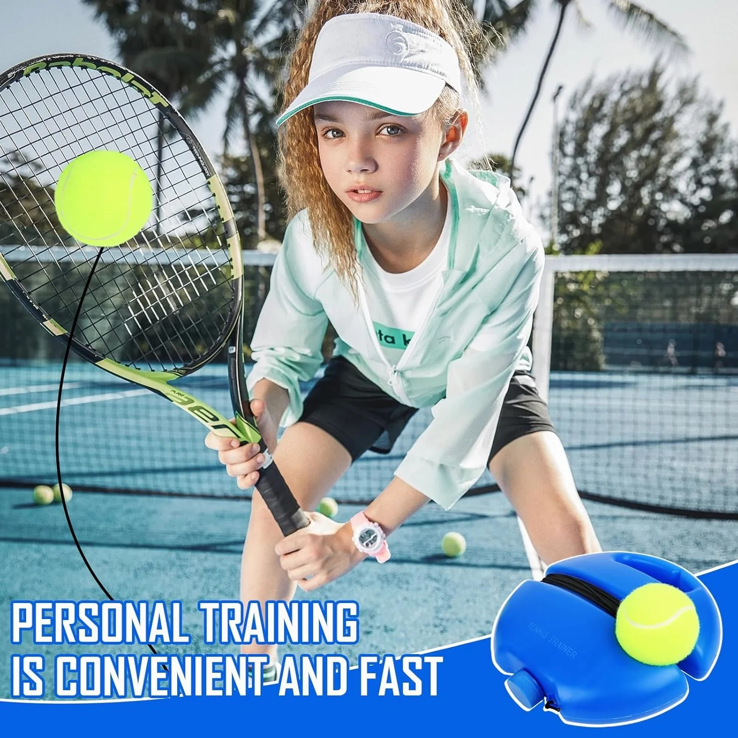 Byffoer Juego de entrenador de tenis, tabla de base con 2 pelotas de rebote, banda de goma, pelota de entrenamiento, herramienta de entrenamiento de tenis, para adultos, niños, jugadores principiantes