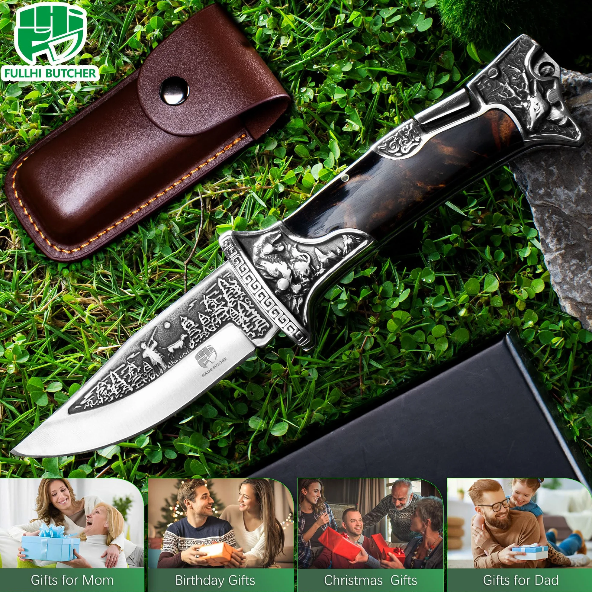 FULLHI Cuchillo de caza de bolsillo 7CR17MoV, Negro grabado, Funda de cuero